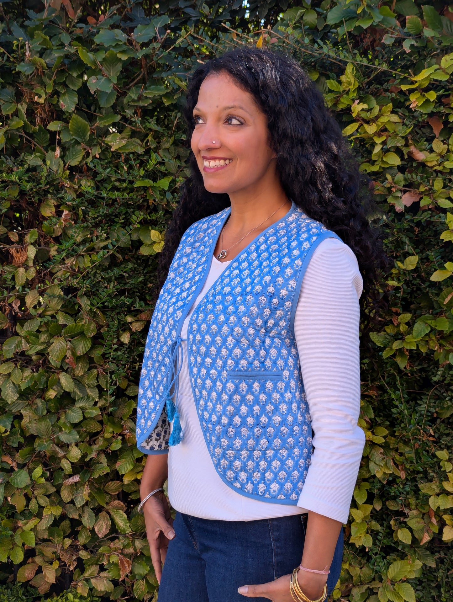 BLOCK PRINT QUILTED WAISTCOAT - BLUE BLOSSOM