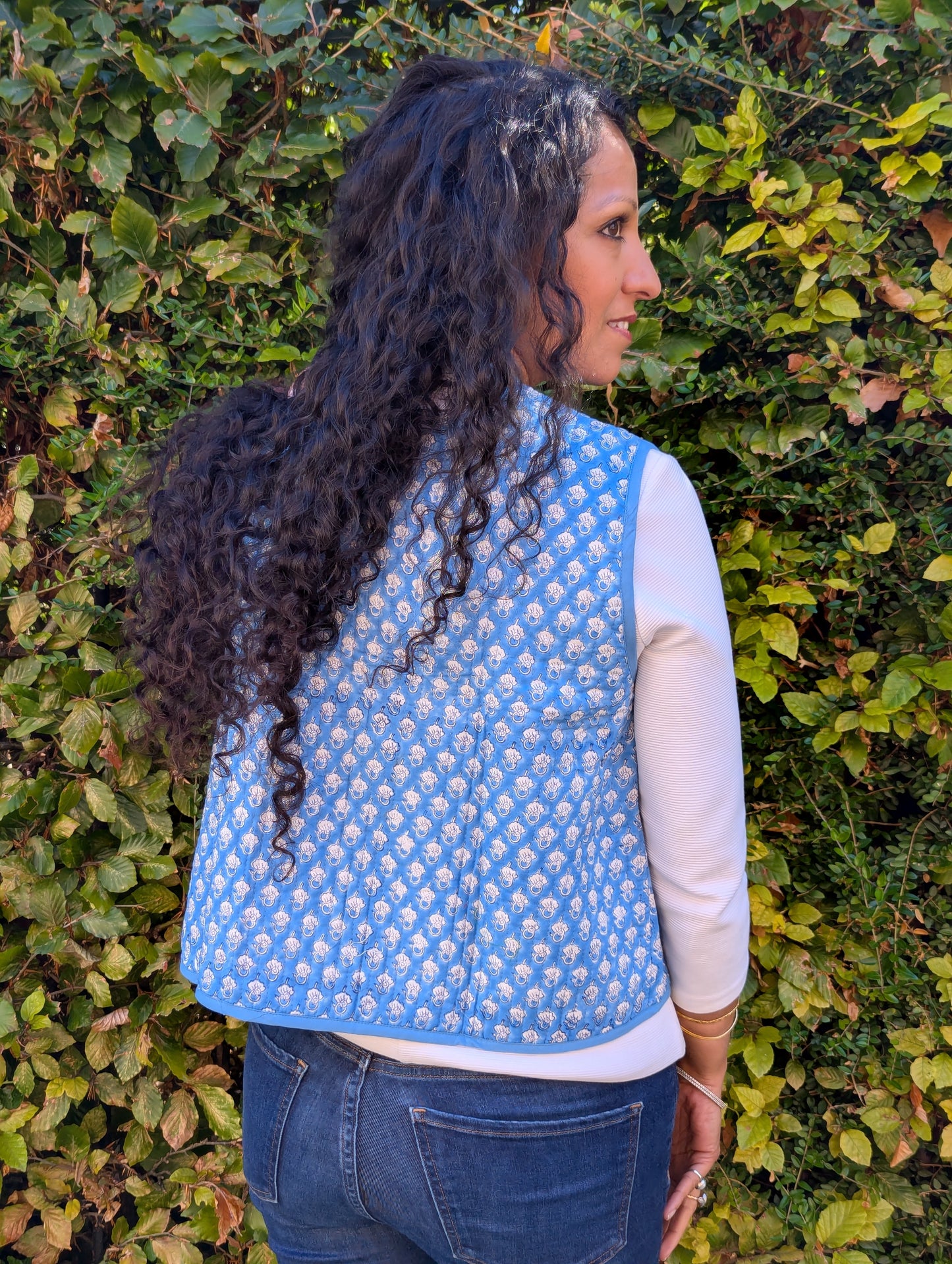 BLOCK PRINT QUILTED WAISTCOAT - BLUE BLOSSOM