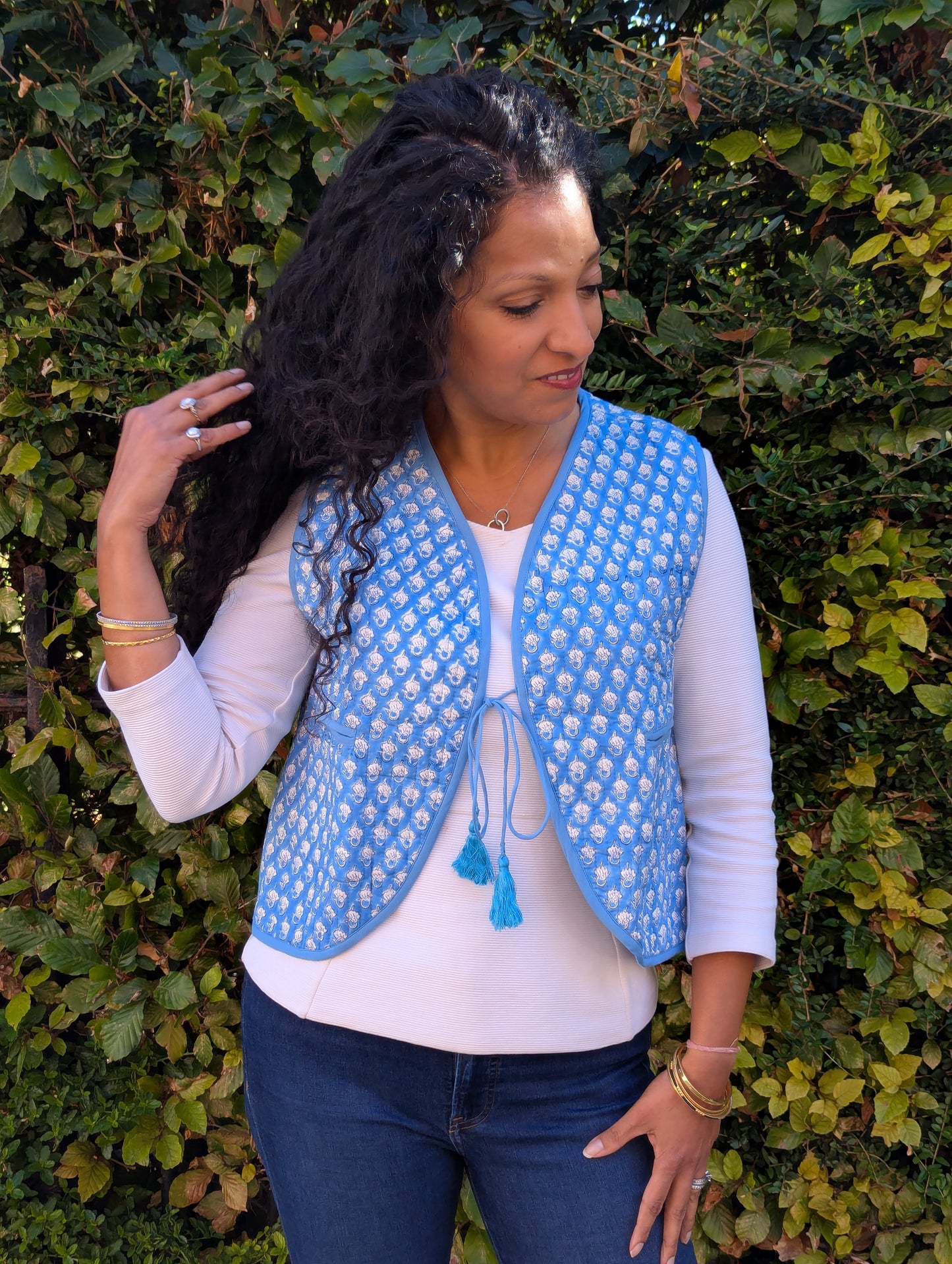 BLOCK PRINT QUILTED WAISTCOAT - BLUE BLOSSOM