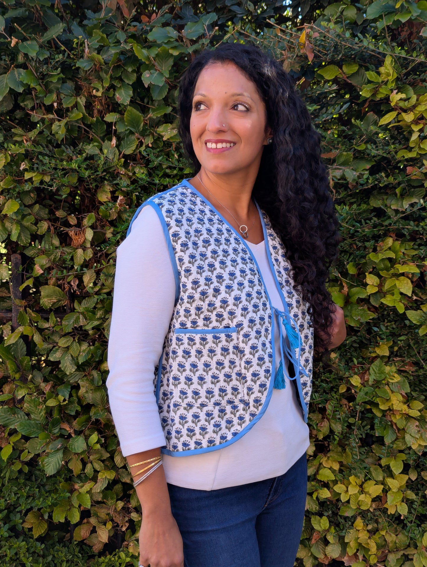 BLOCK PRINT QUILTED WAISTCOAT - BLUE BLOSSOM