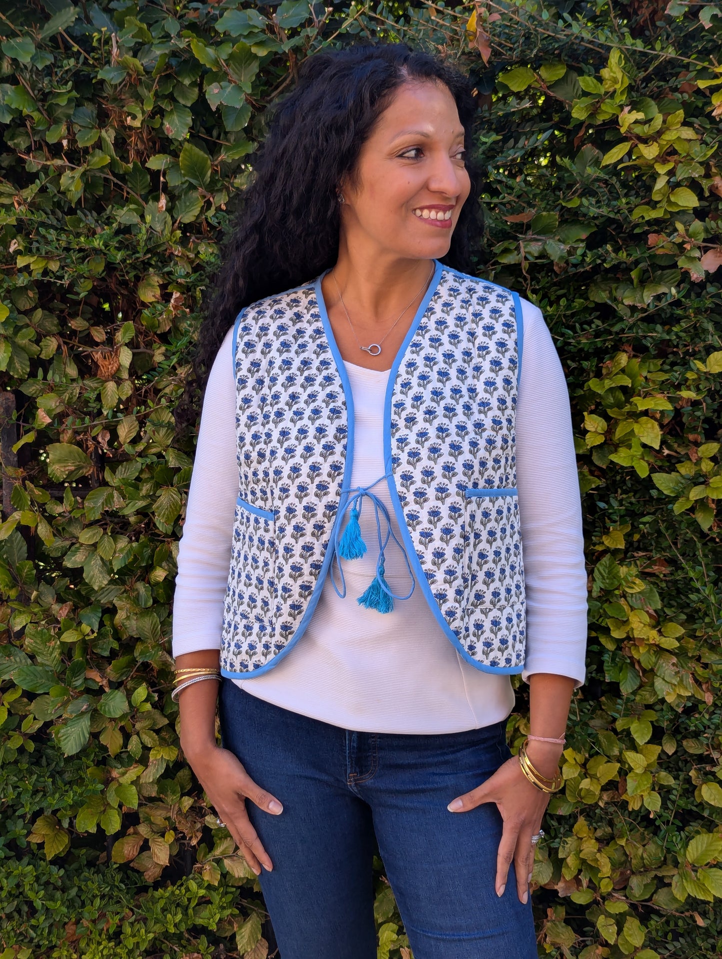 BLOCK PRINT QUILTED WAISTCOAT - BLUE BLOSSOM