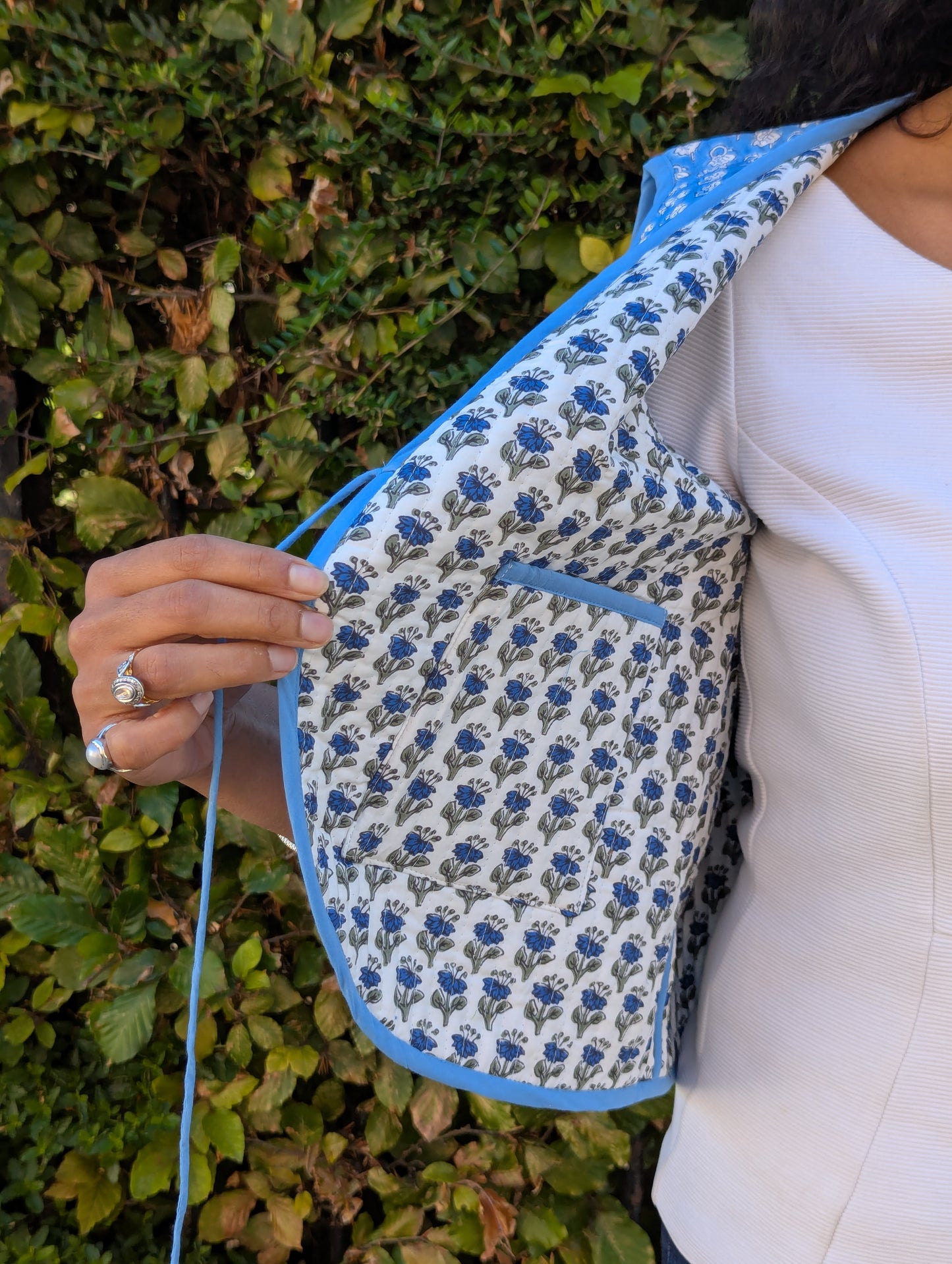 BLOCK PRINT QUILTED WAISTCOAT - BLUE BLOSSOM