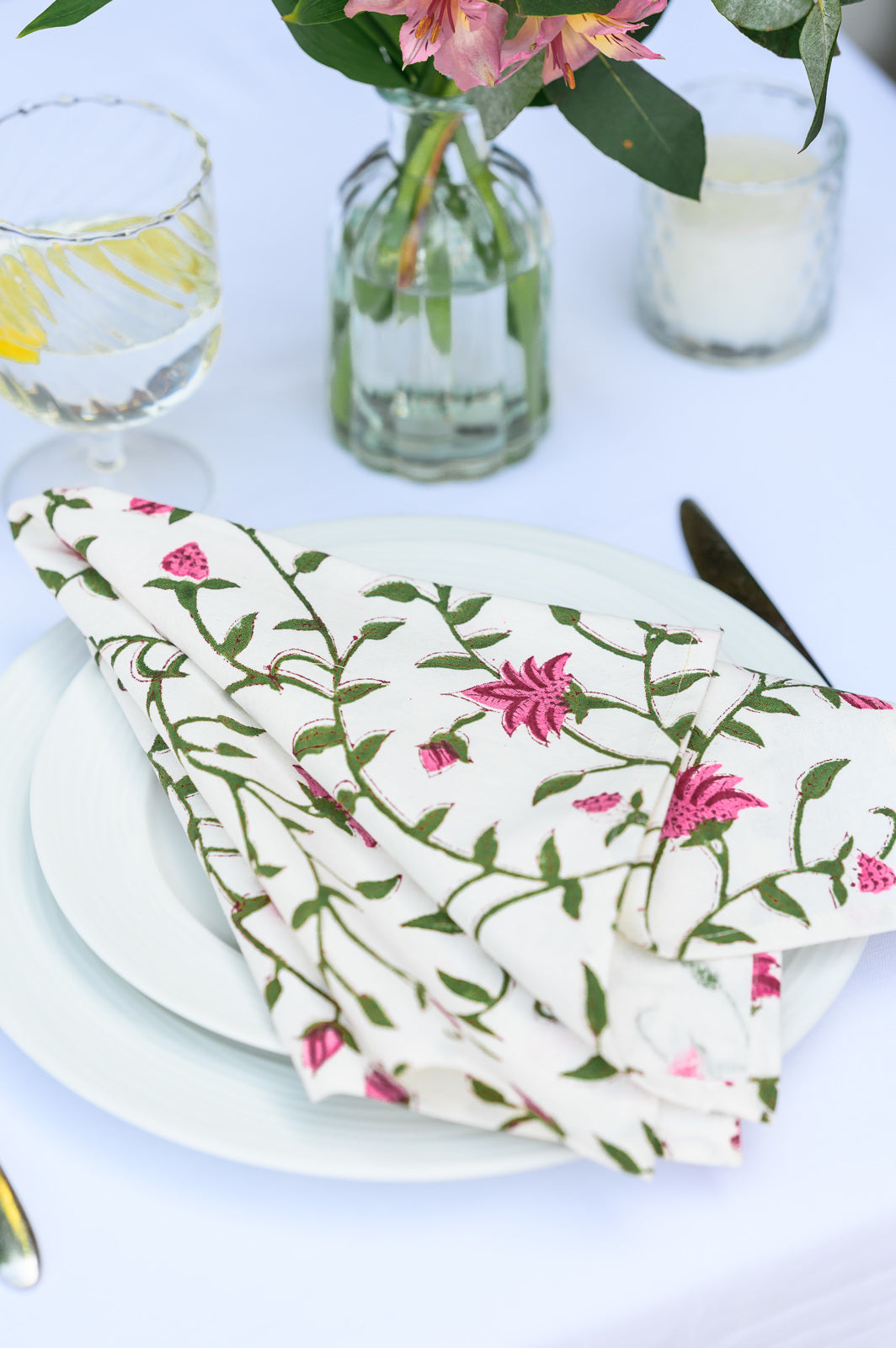 PINK FLORAL VINE BLOCK PRINT NAPKINS