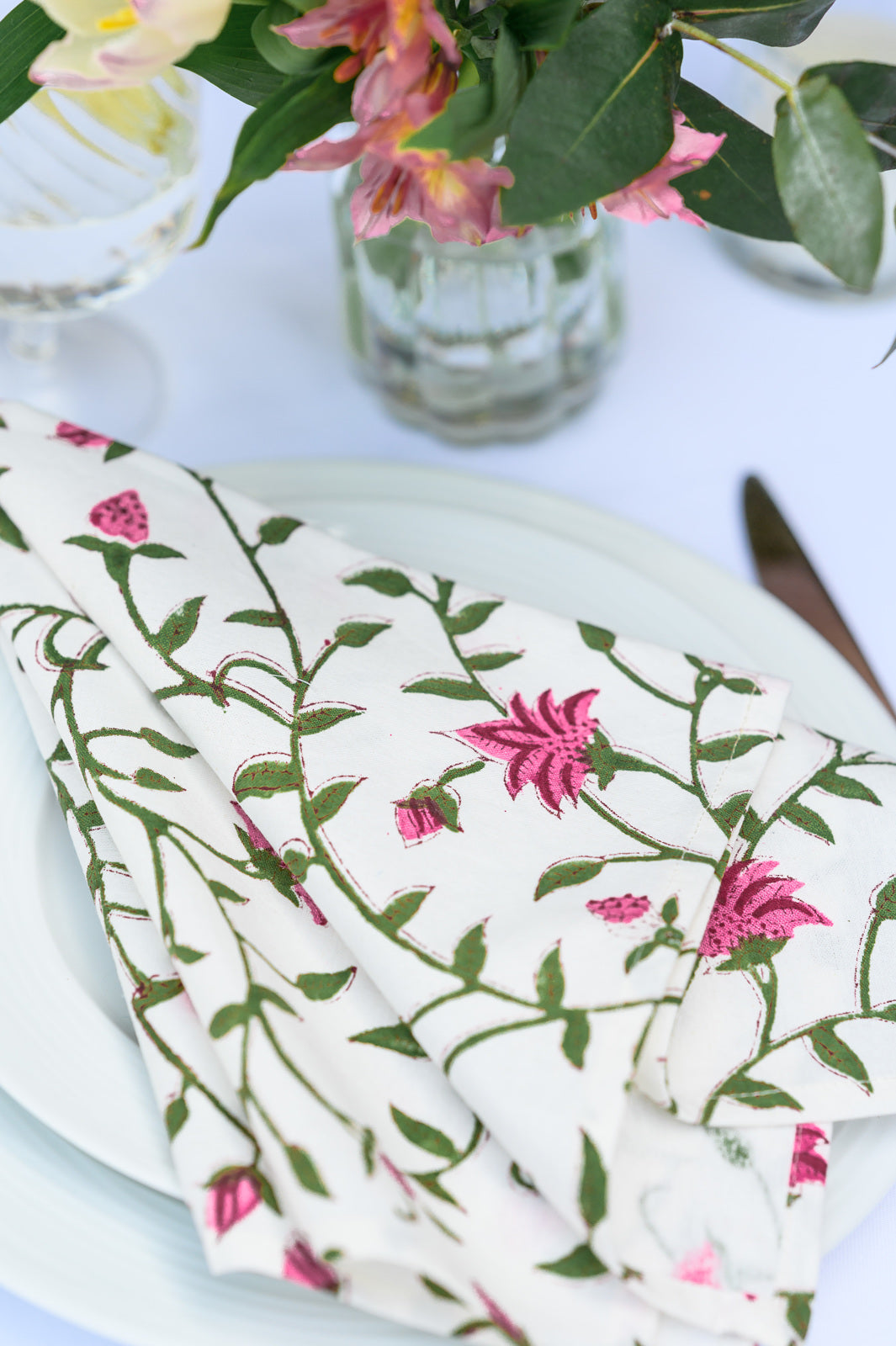 PINK FLORAL VINE BLOCK PRINT NAPKINS