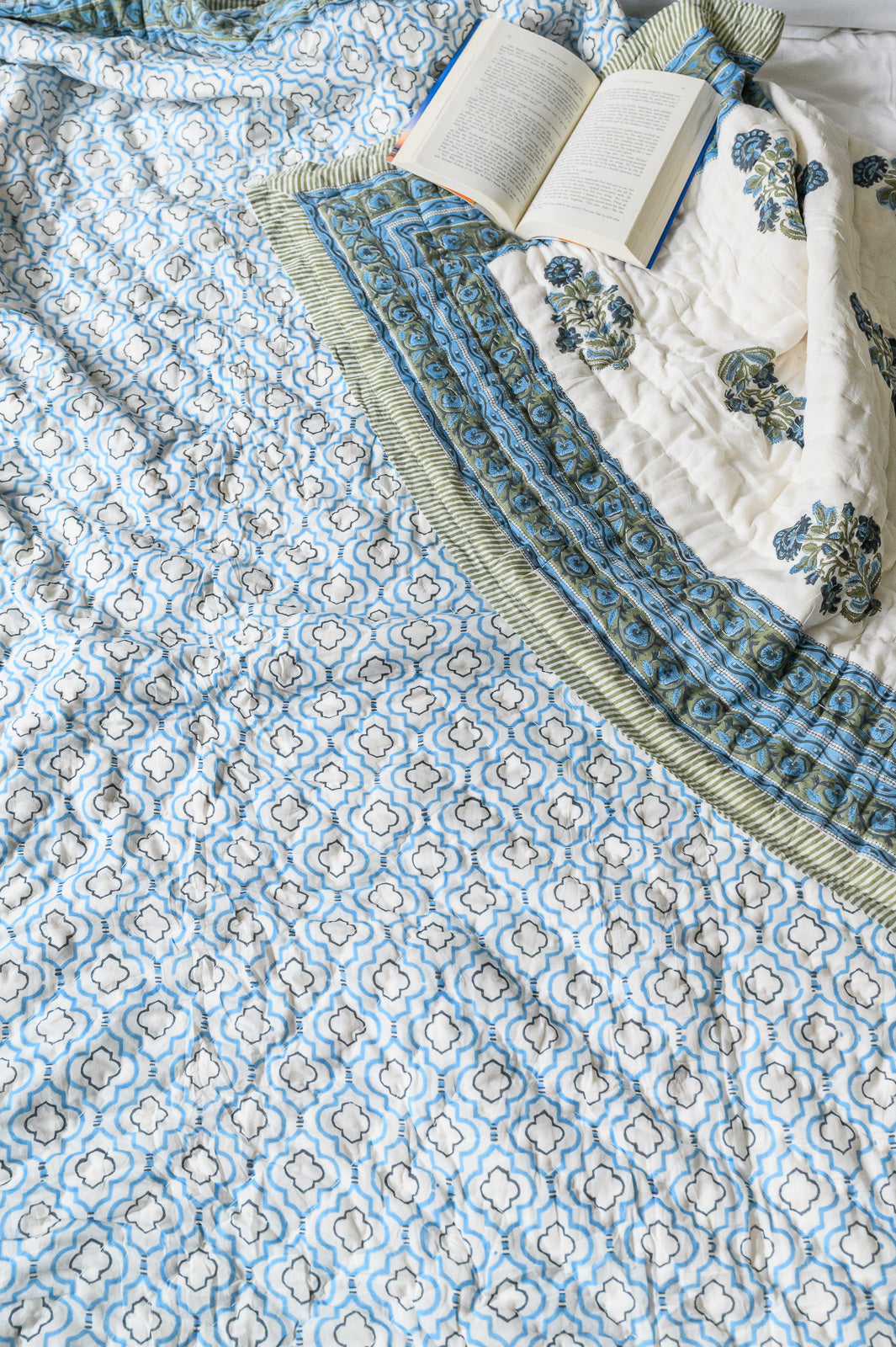 BLUE BLOSSOM BLOCK PRINT COTTON QUILT