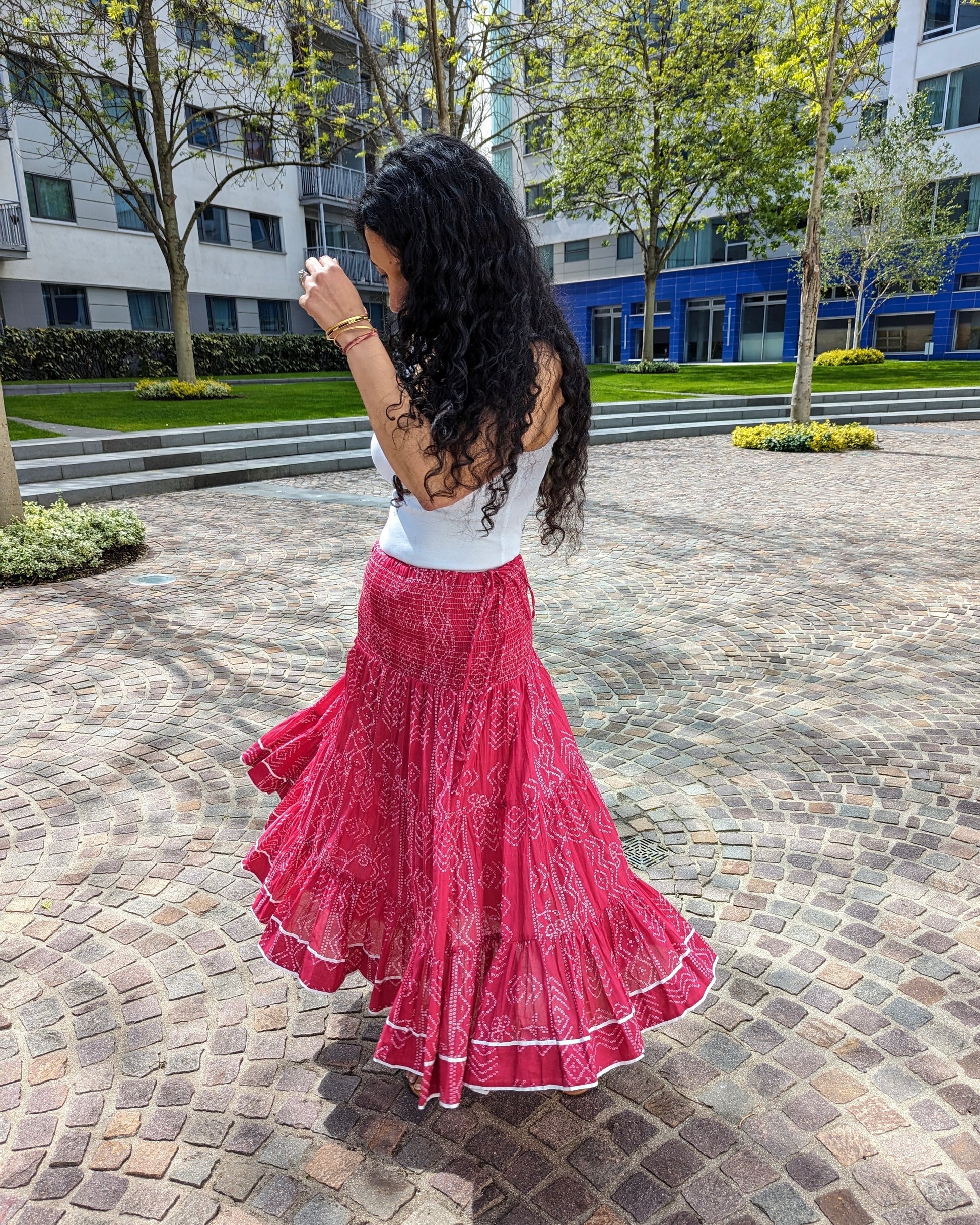 LONG BLOCK PRINT BOHEMIAN SKIRT - RANI PINK BANDHINI
