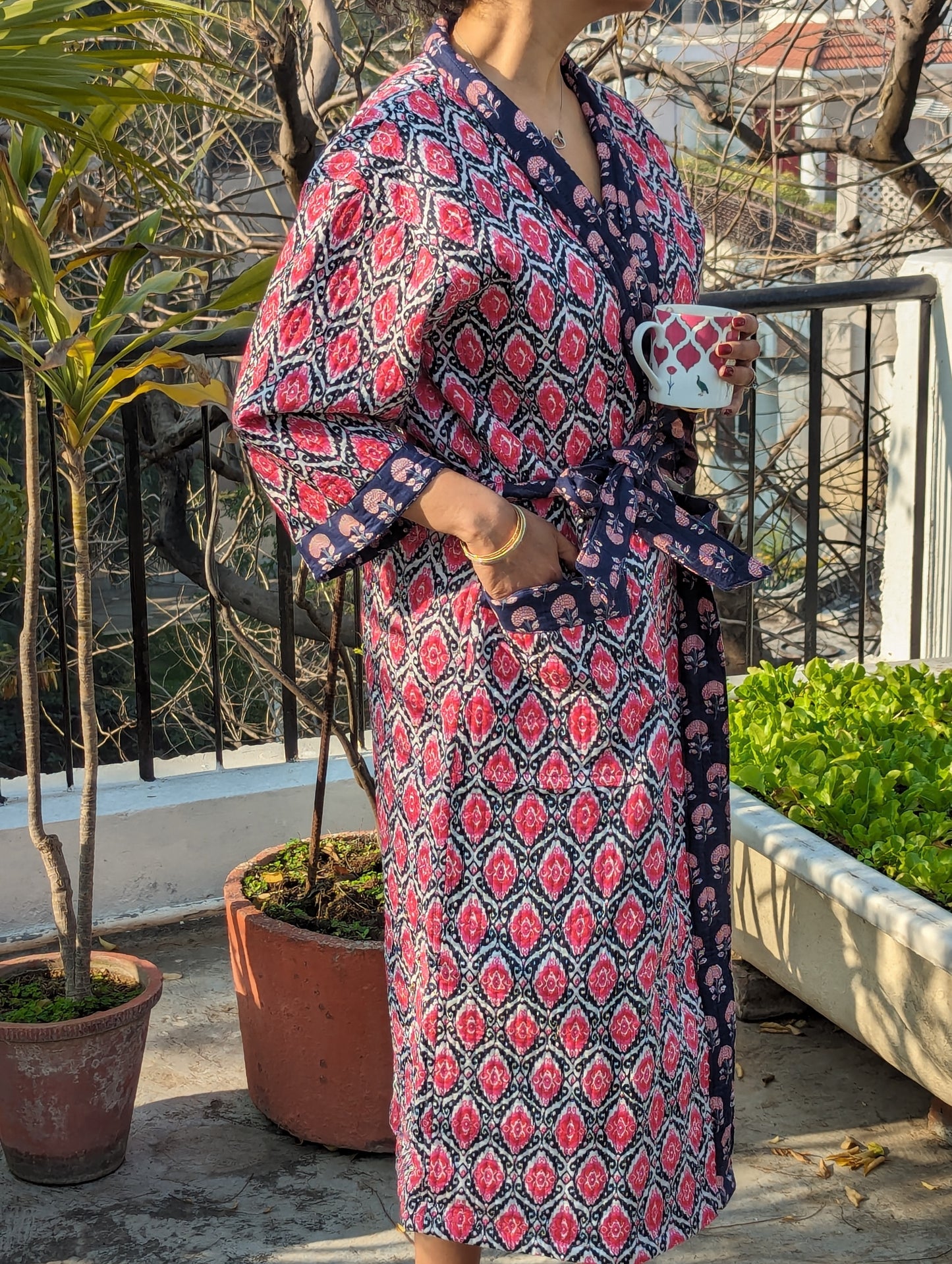 BLUE AND PINK IKAT LUXURY QUILTED COTTON ROBE