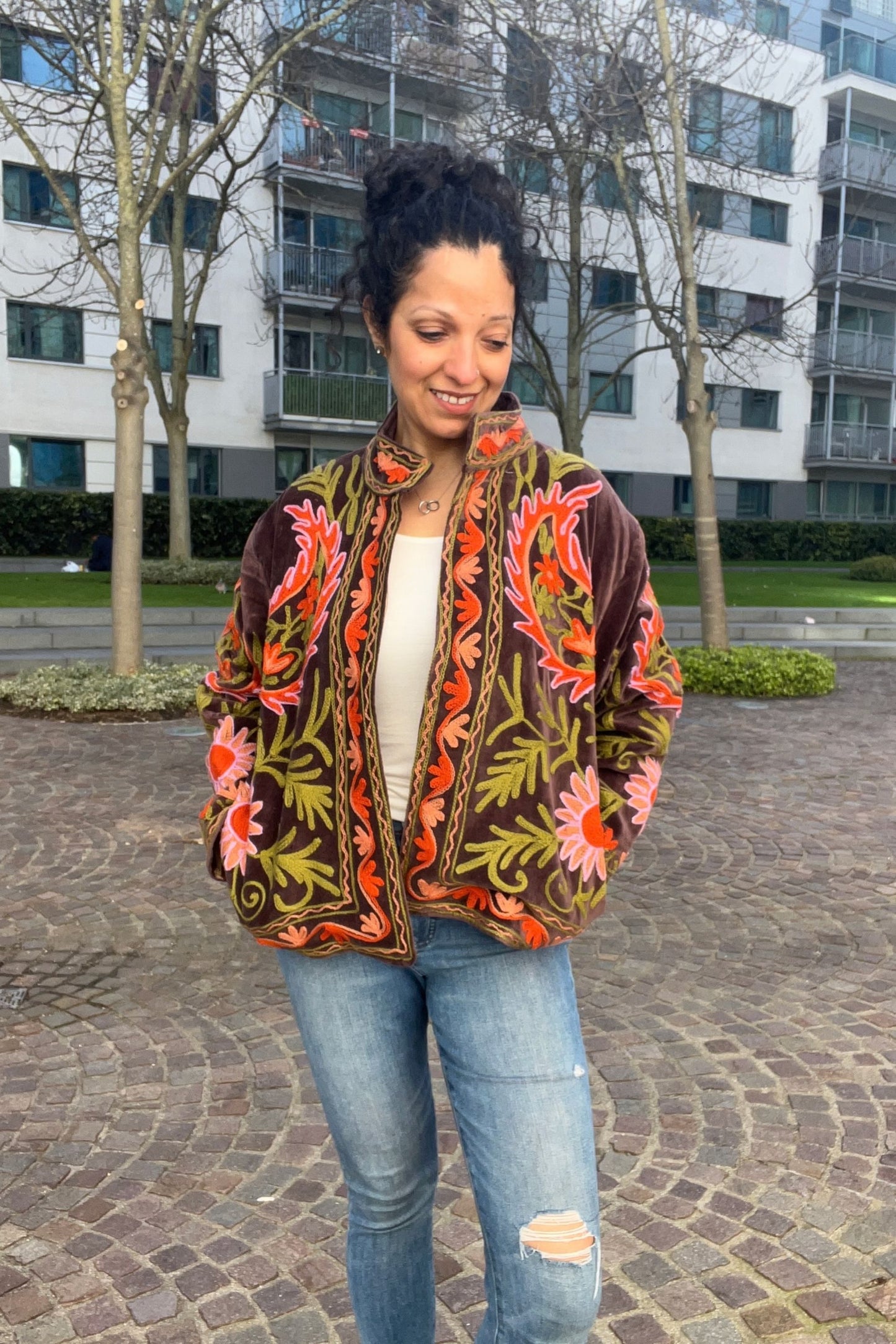 VELVET SUZANI JACKET - CHOCOLATE & CORAL