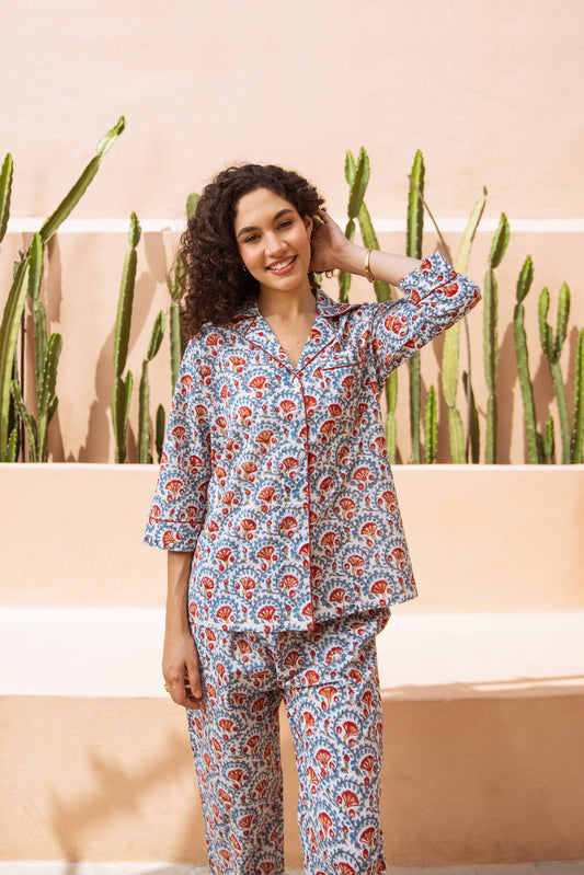 MAROON & BLUE FLORAL LONG PJ SET