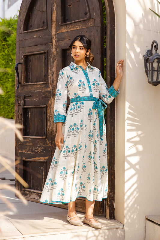MAYA DRESS - IVORY & PEACOCK BLUE