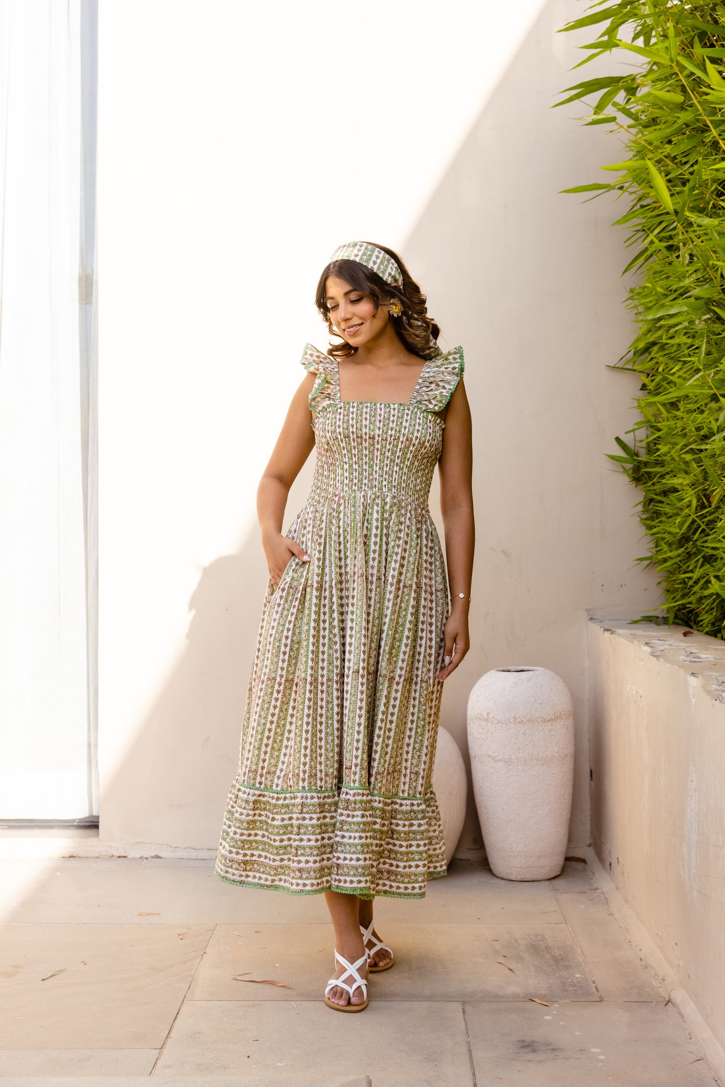 SIENNA SMOCKED MIDI DRESS - SAGE VINE