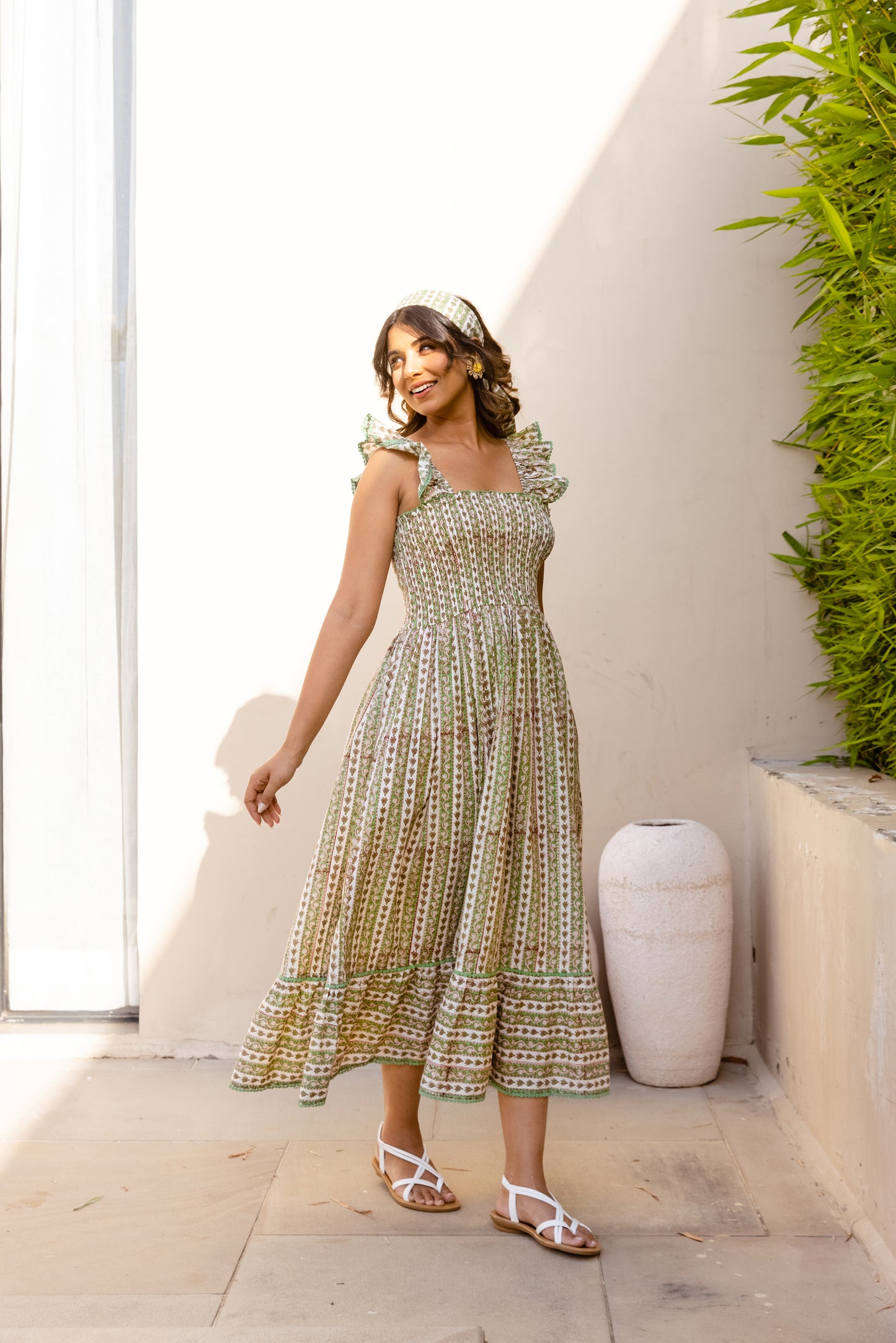 SIENNA SMOCKED MIDI DRESS - SAGE VINE