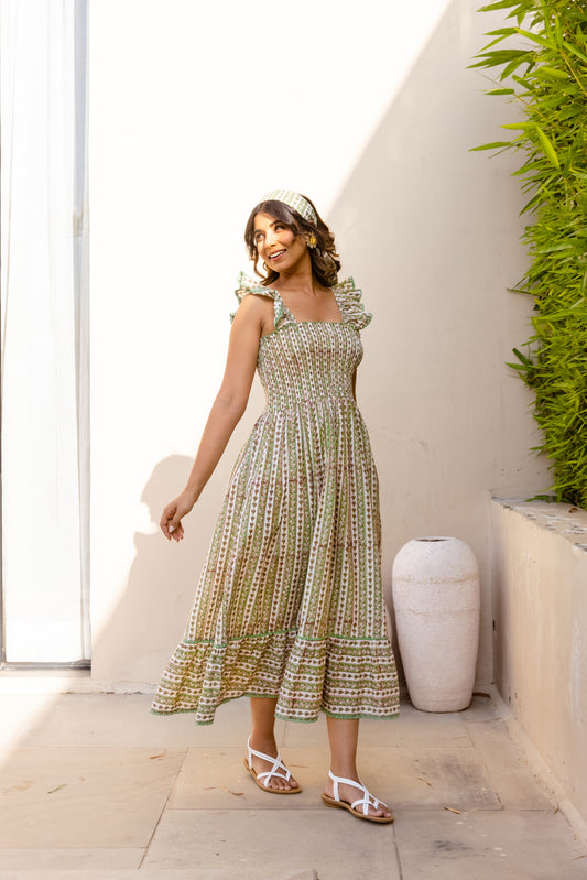 SIENNA SMOCKED MIDI DRESS - SAGE VINE