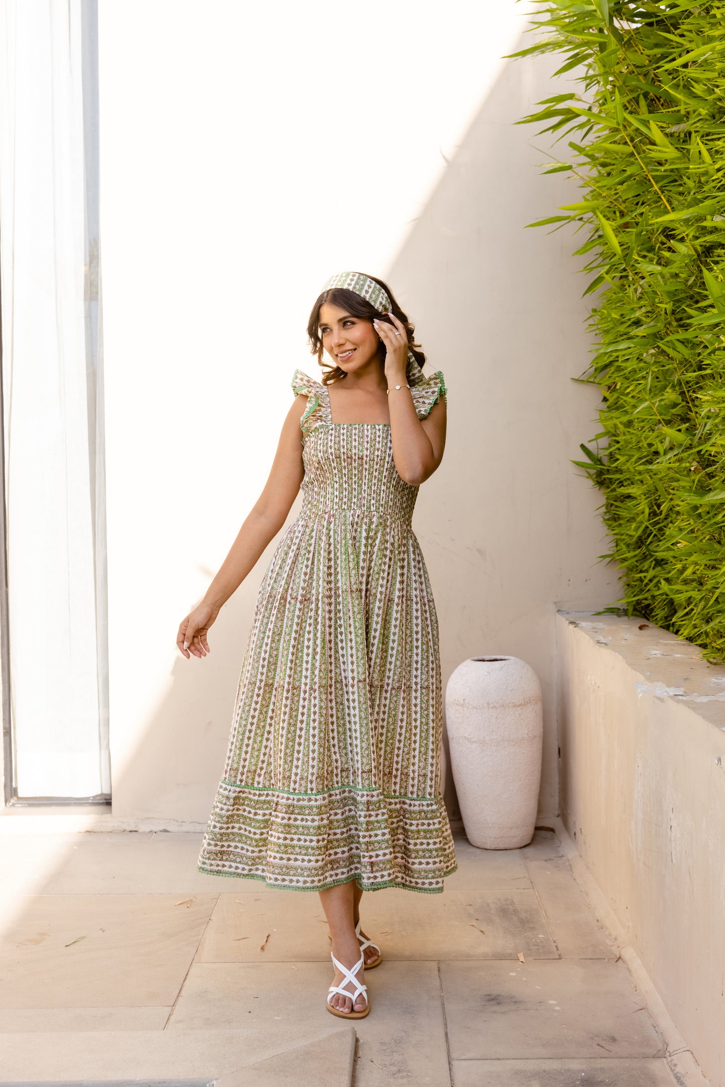 SIENNA SMOCKED MIDI DRESS - SAGE VINE