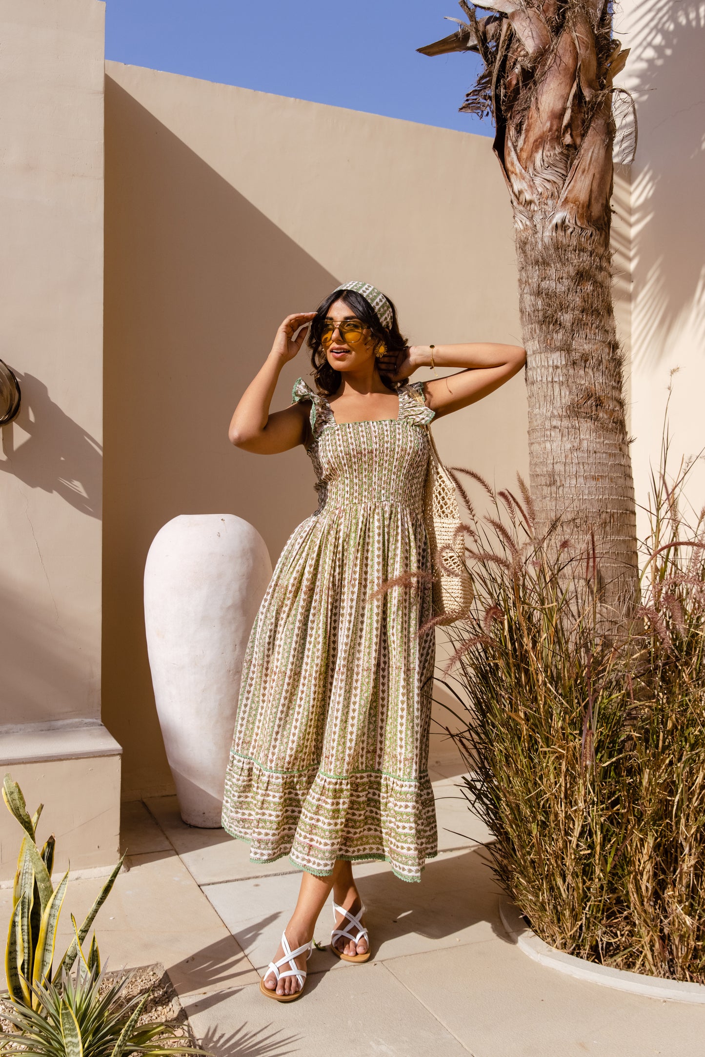 SIENNA SMOCKED MIDI DRESS - SAGE VINE