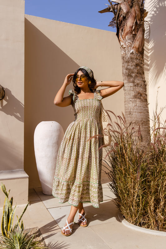 SIENNA SMOCKED MIDI DRESS - PISTACHIO GREEN & IVORY