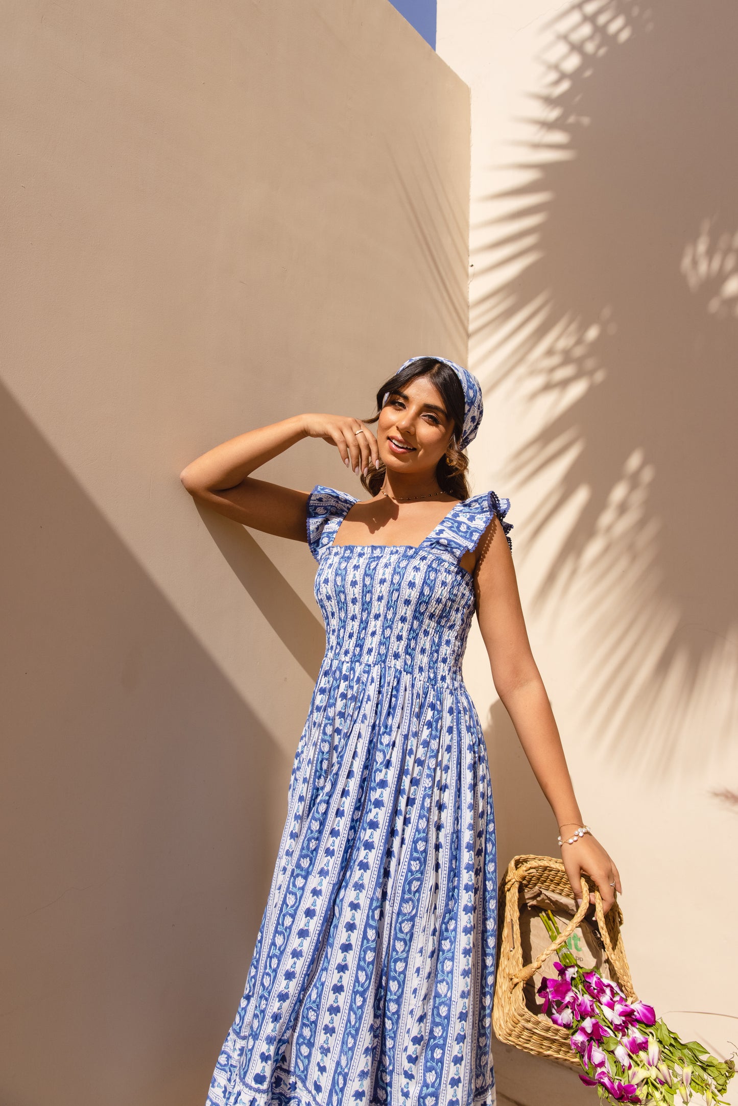 SIENNA SMOCKED MIDI DRESS - INDIGO VINE