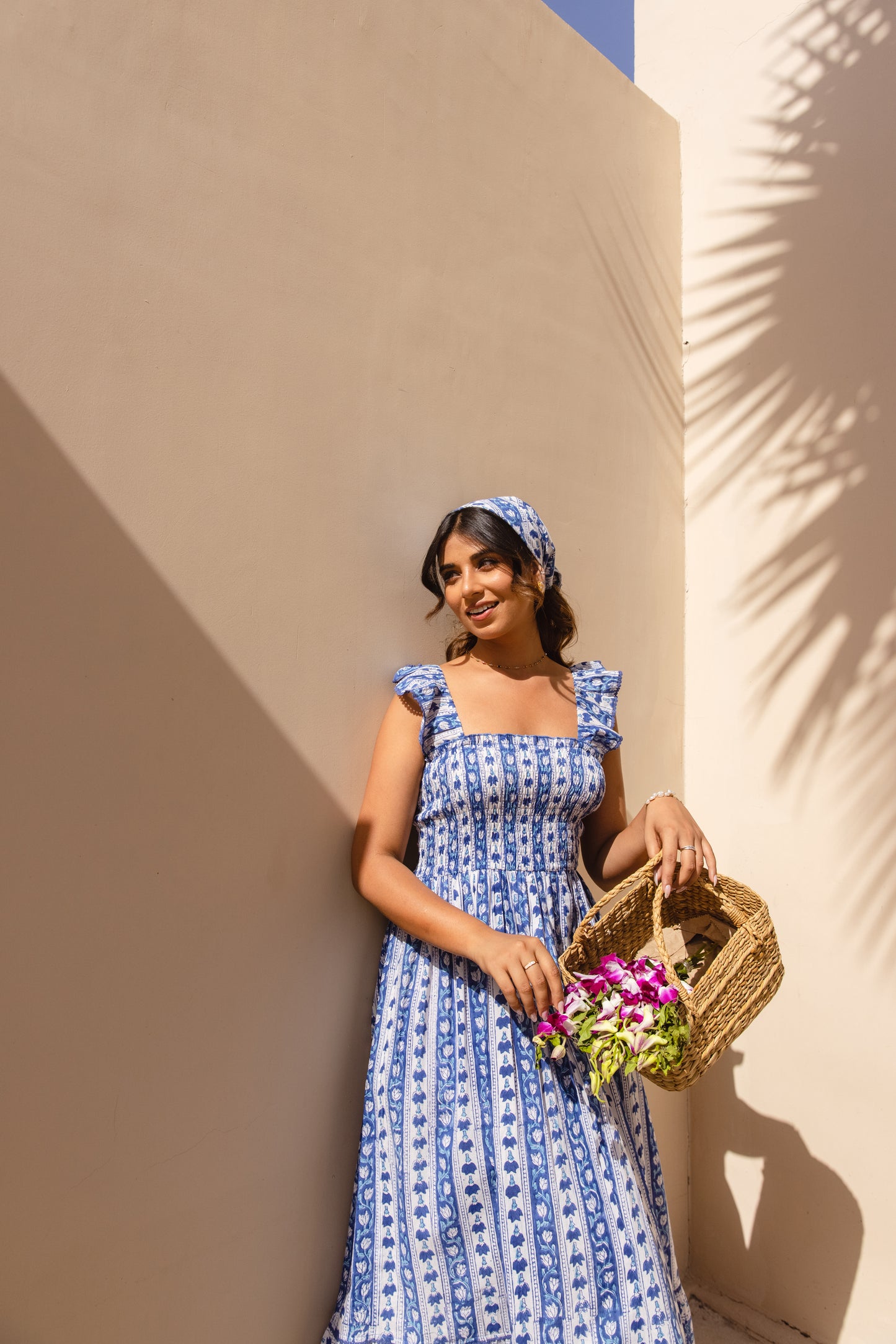 SIENNA SMOCKED MIDI DRESS - INDIGO VINE