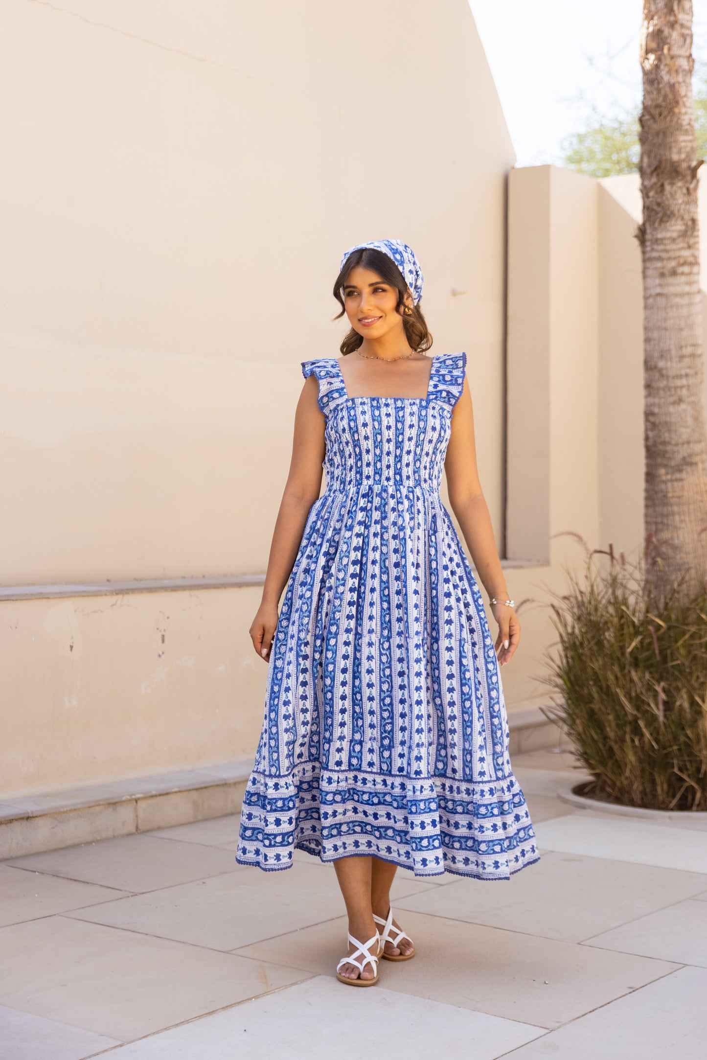 SIENNA SMOCKED MIDI DRESS - INDIGO VINE