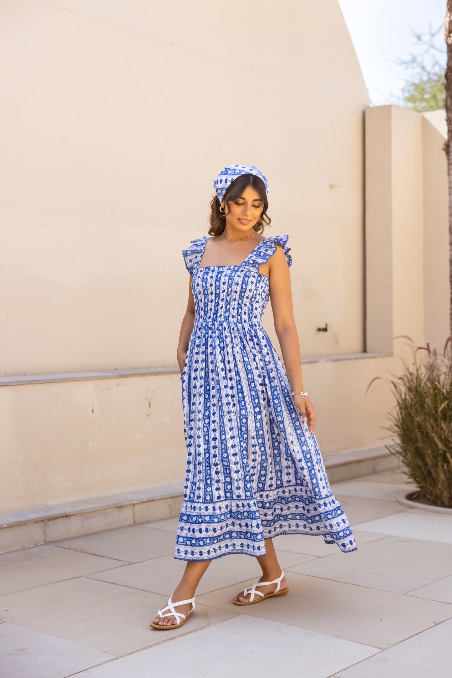 SIENNA SMOCKED MIDI DRESS - INDIGO VINE