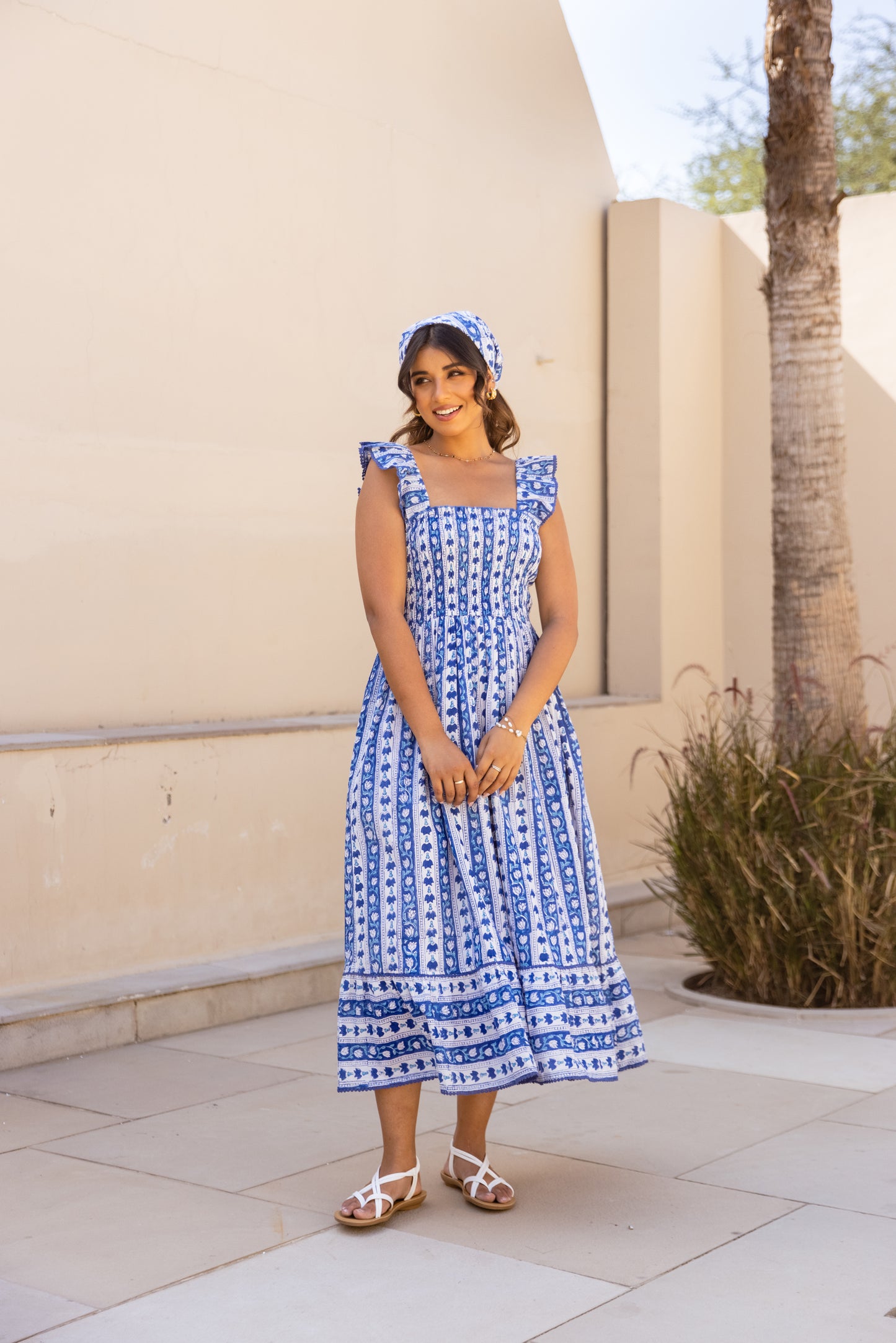 SIENNA SMOCKED MIDI DRESS - INDIGO VINE
