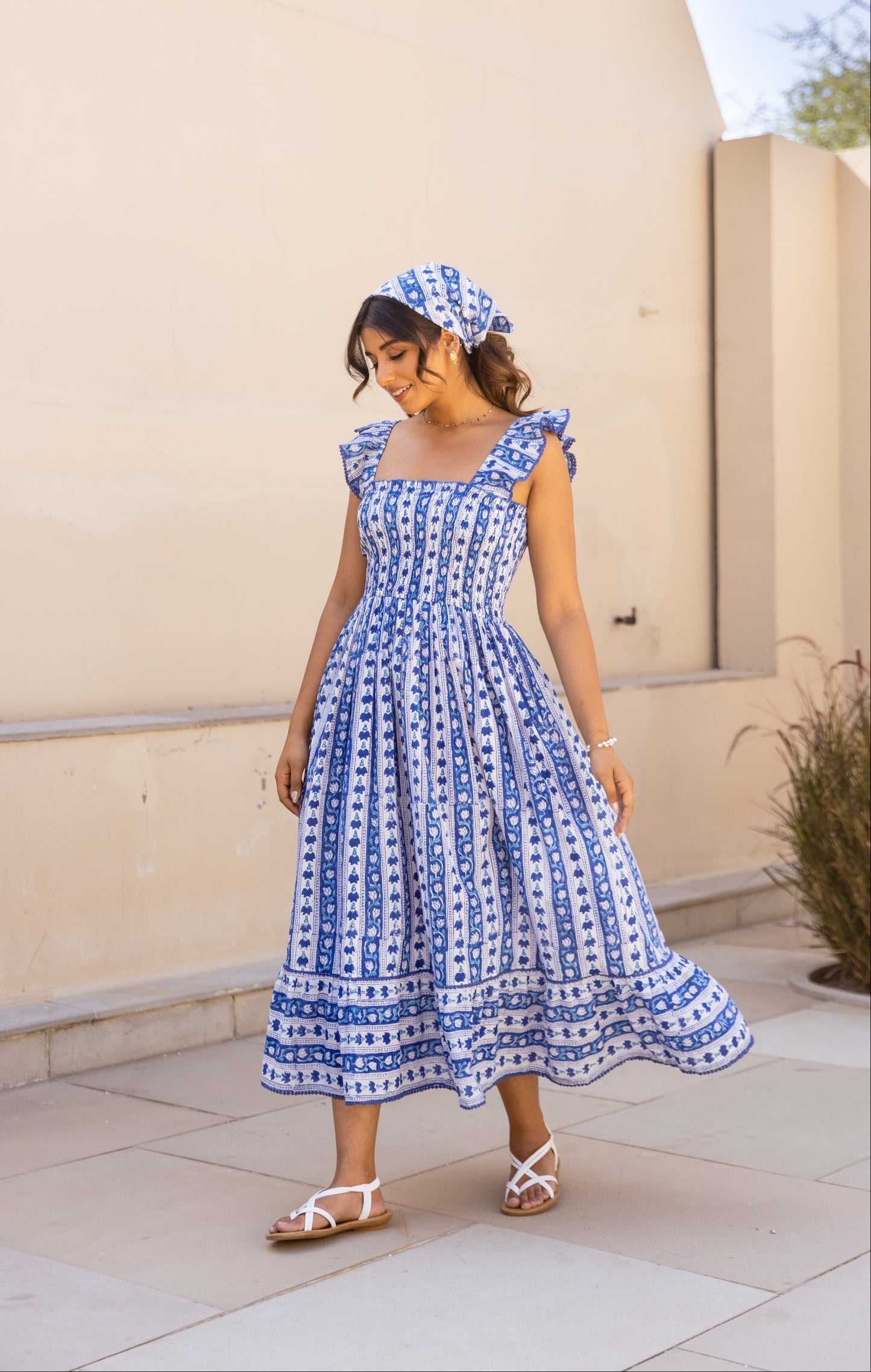 SIENNA SMOCKED MIDI DRESS - AZURE BLUE & WHITE