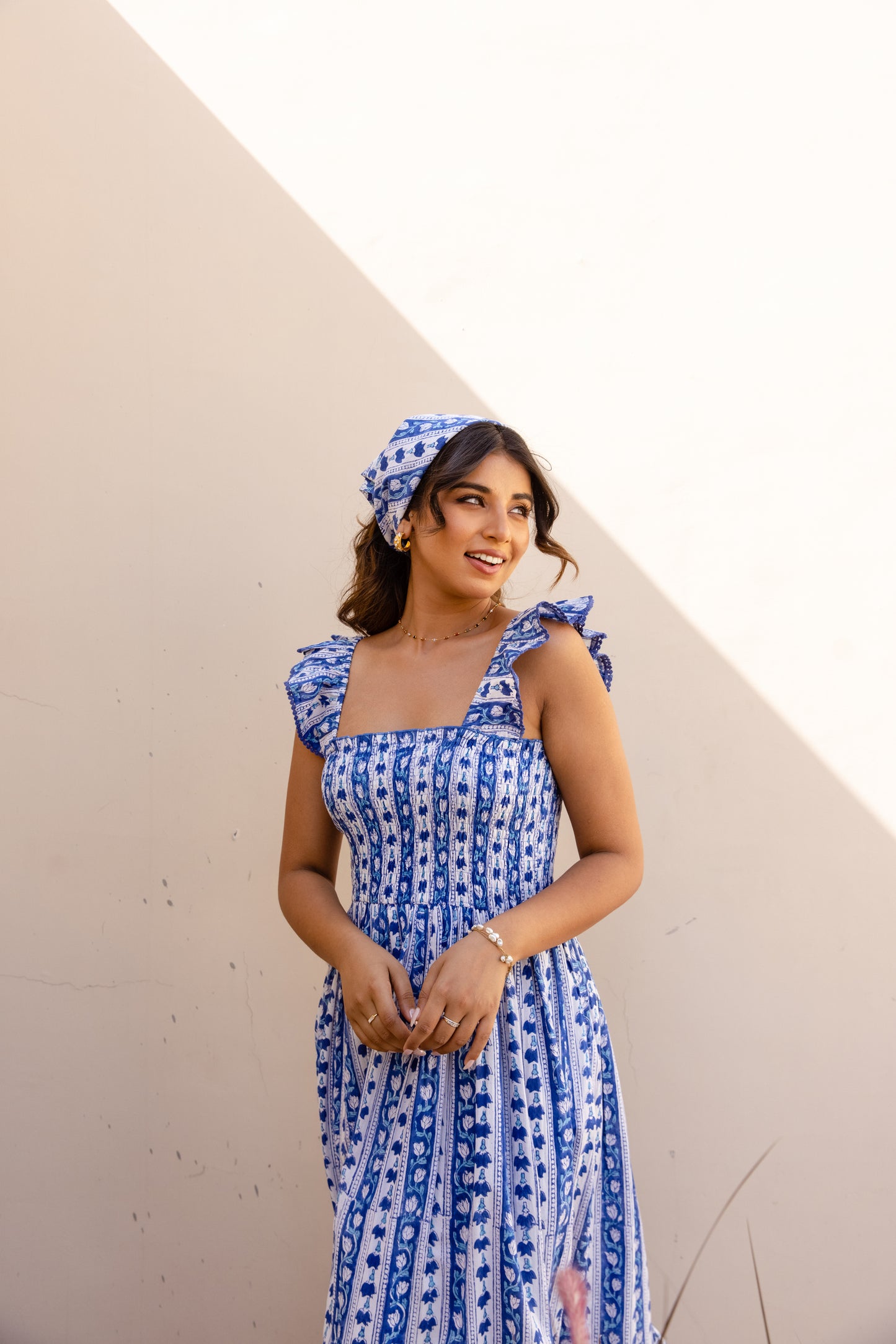 SIENNA SMOCKED MIDI DRESS - INDIGO VINE