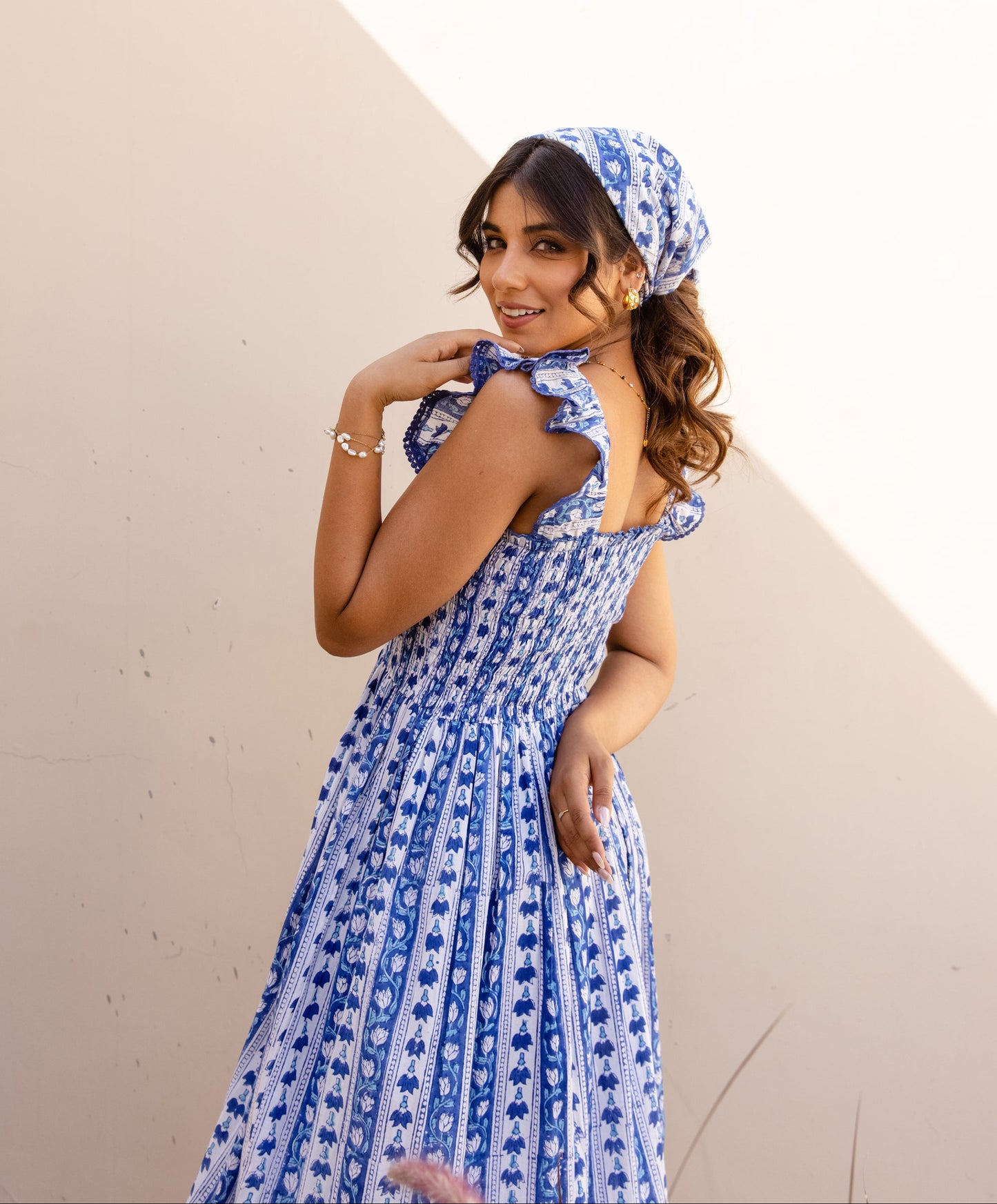 SIENNA SMOCKED MIDI DRESS - INDIGO VINE