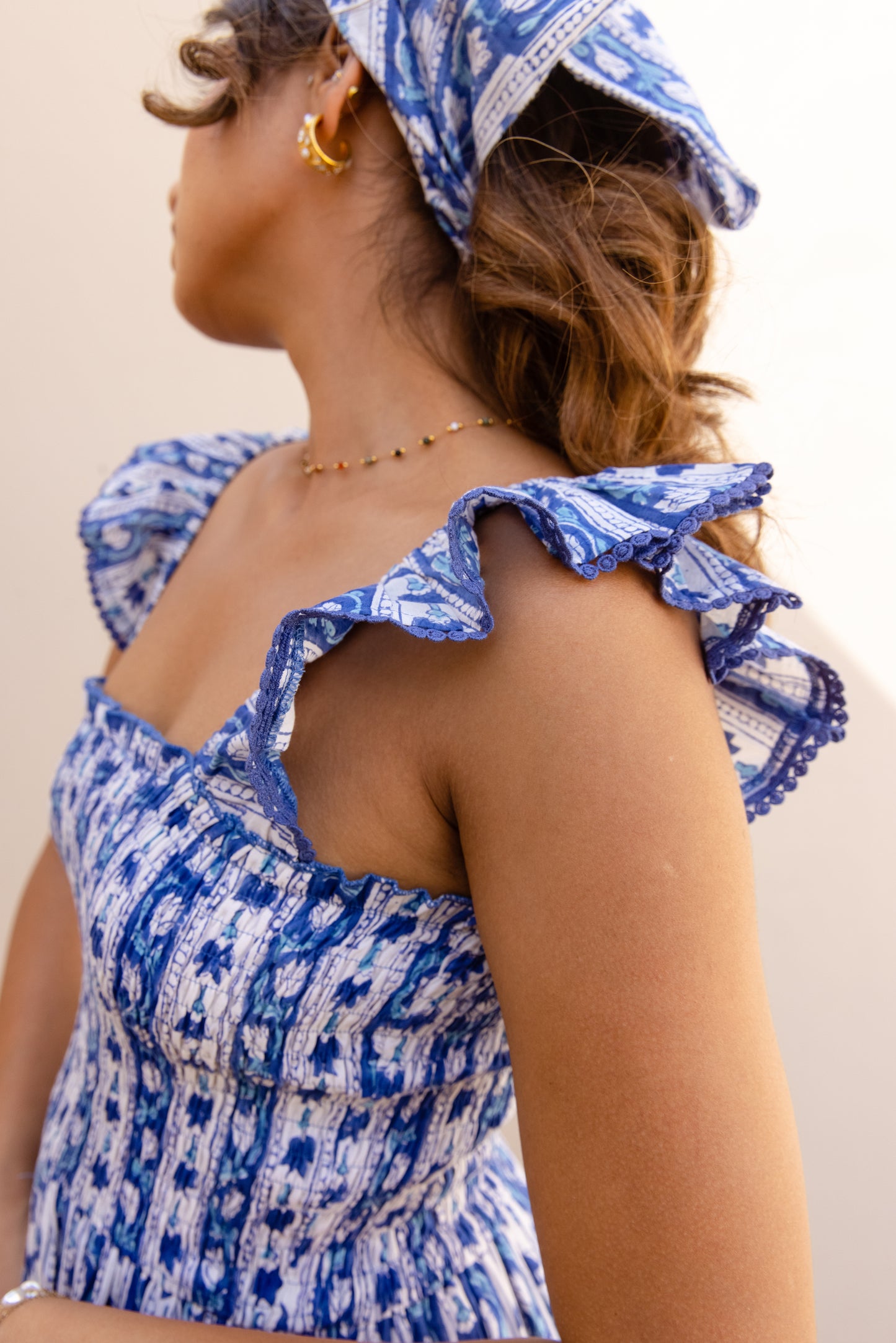 SIENNA SMOCKED MIDI DRESS - INDIGO VINE