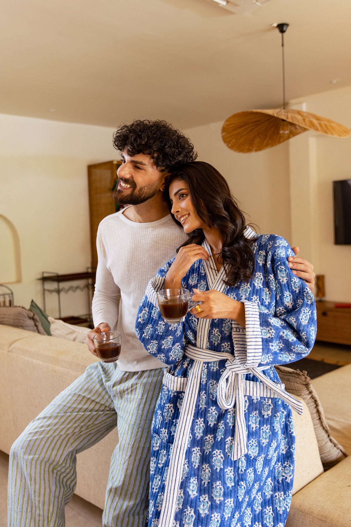 LUXURY QUILTED COTTON ROBE - INDIGO FLORA