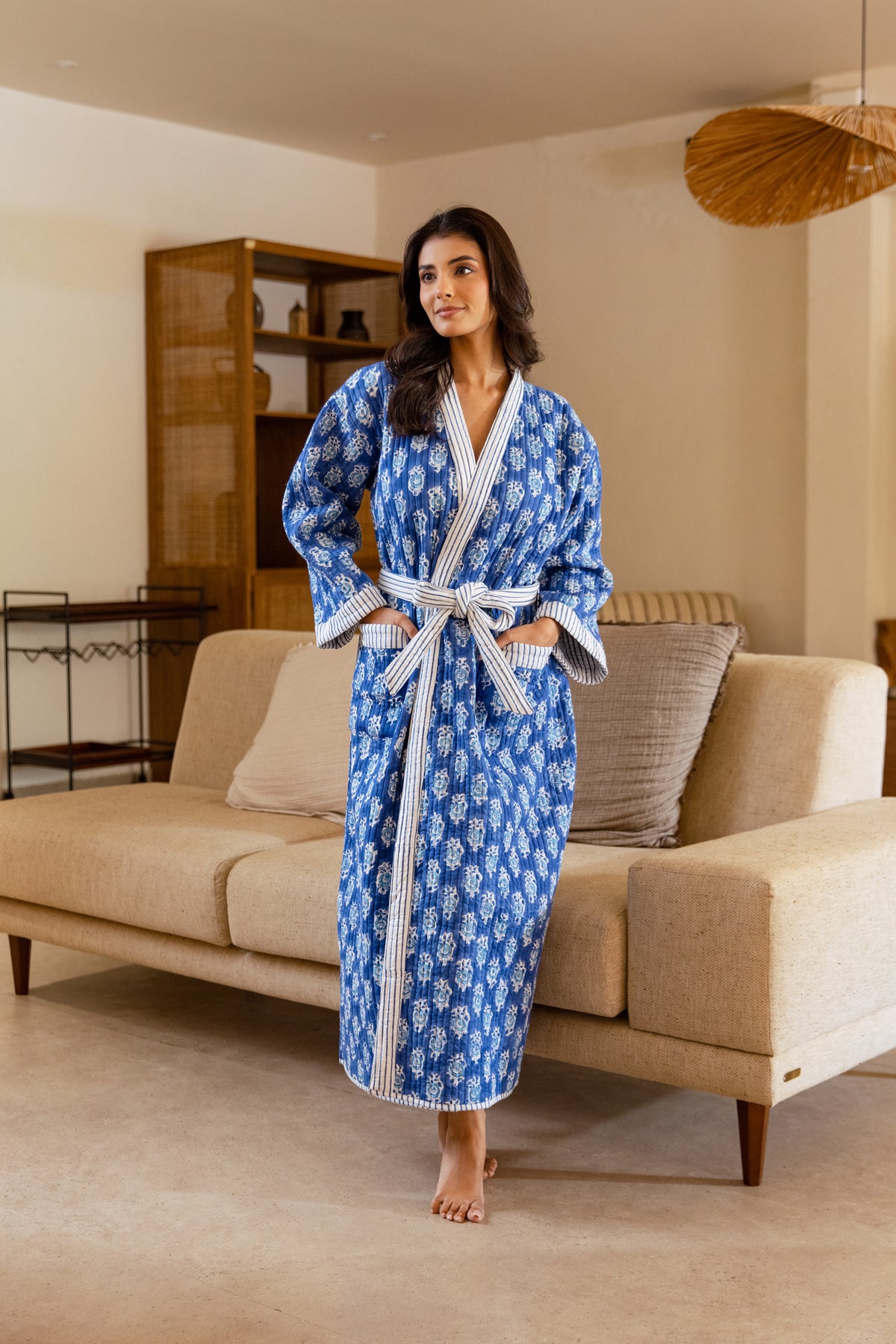 LUXURY QUILTED COTTON ROBE - INDIGO FLORA