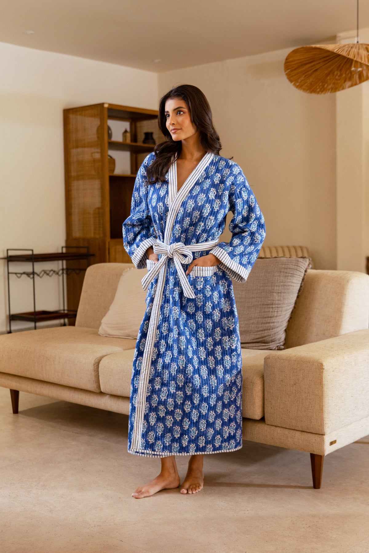 LUXURY QUILTED COTTON ROBE - INDIGO FLORA