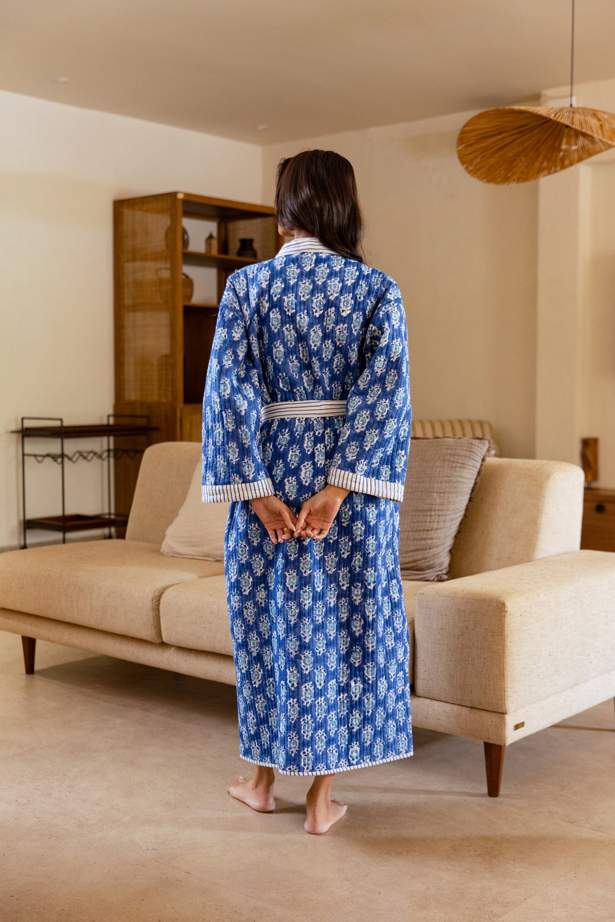 LUXURY QUILTED COTTON ROBE - INDIGO FLORA