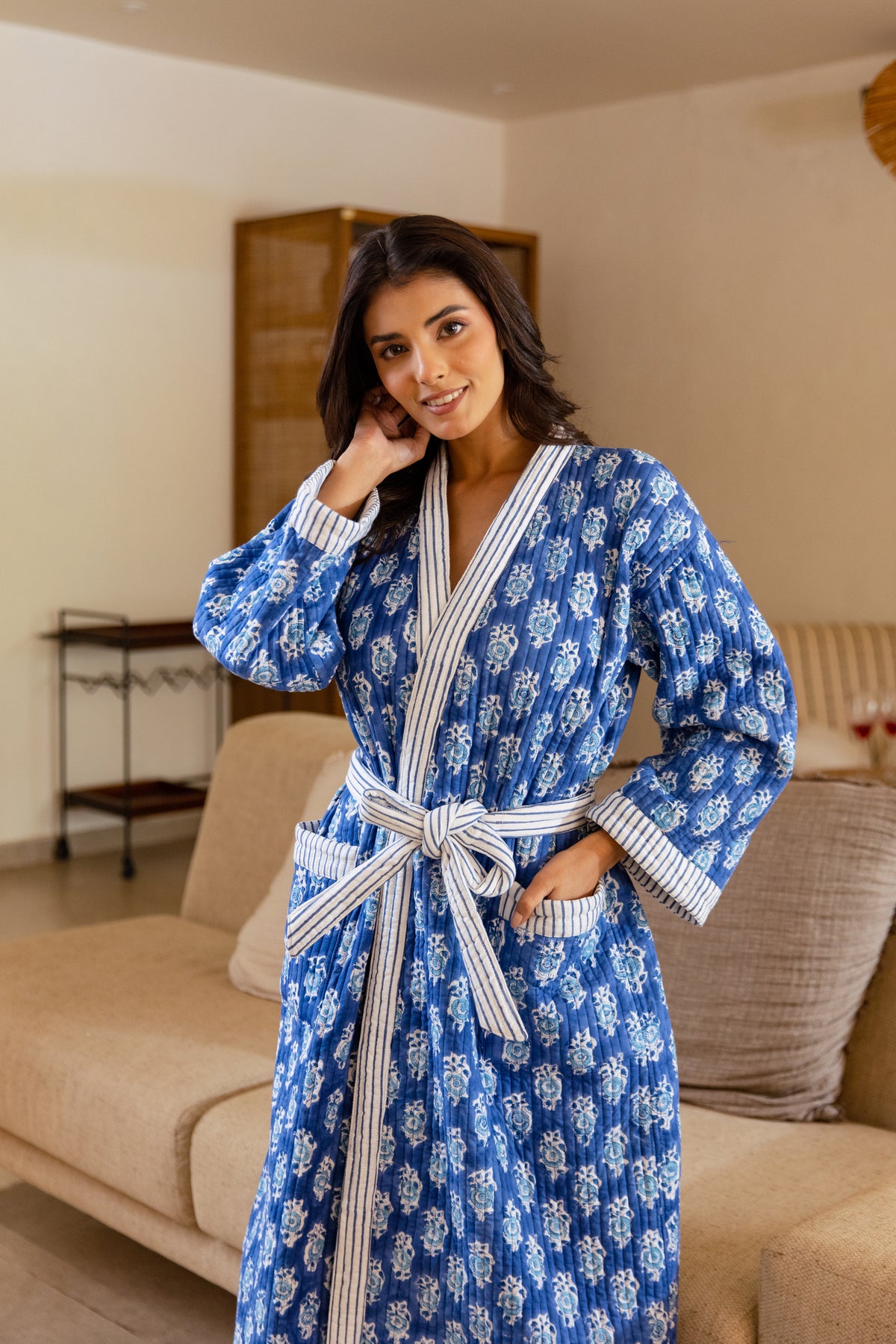 LUXURY QUILTED COTTON ROBE - INDIGO FLORA