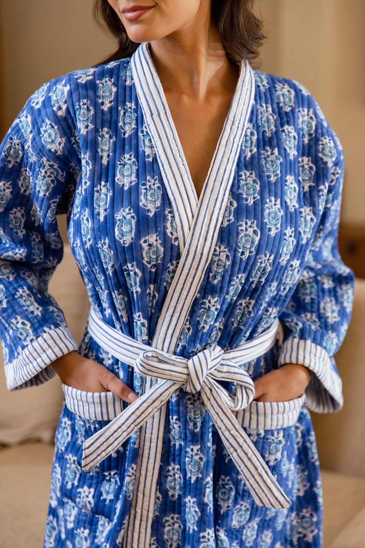 LUXURY QUILTED COTTON ROBE - INDIGO FLORA