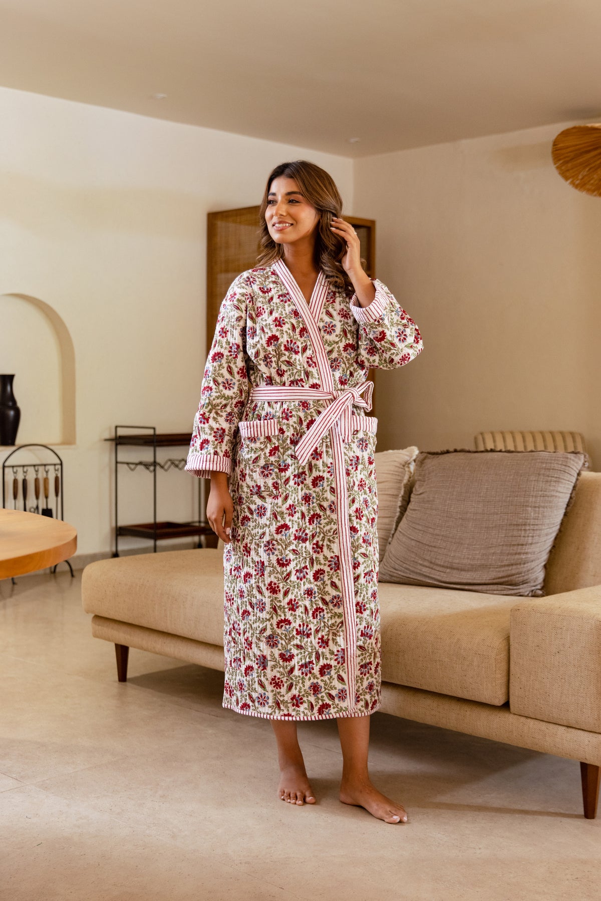 LUXURY QUILTED COTTON ROBE - CRIMSON BLOOM