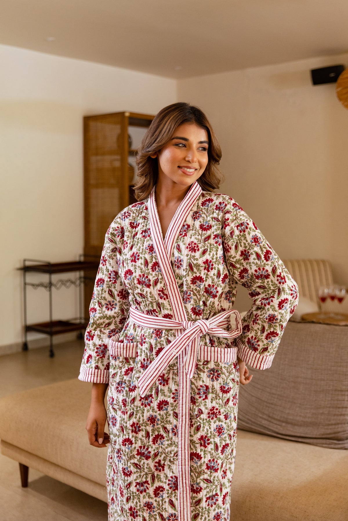 LUXURY QUILTED COTTON ROBE - CRIMSON BLOOM