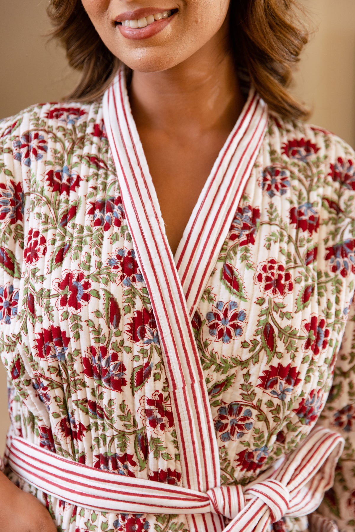 LUXURY QUILTED COTTON ROBE - CRIMSON BLOOM