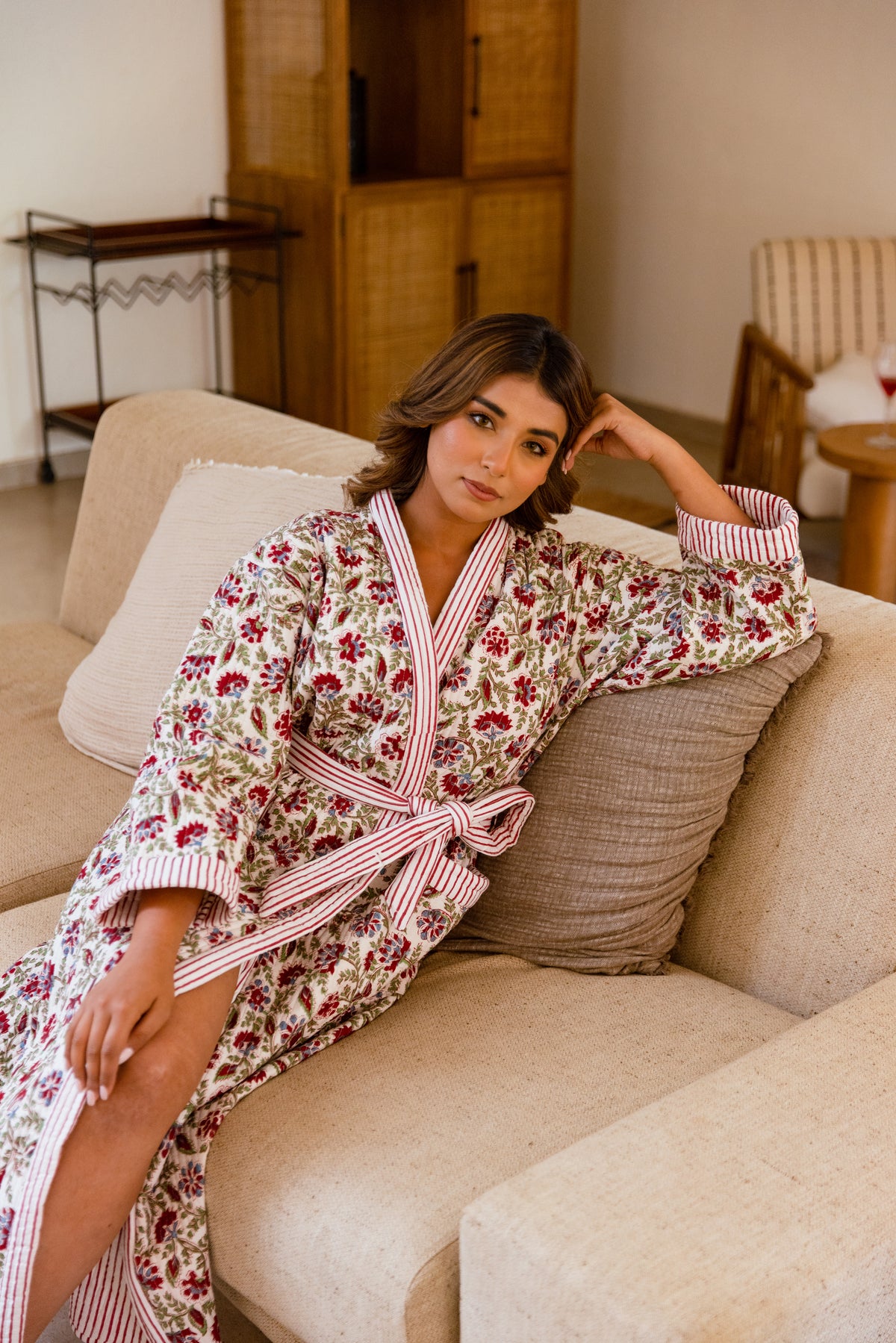 LUXURY QUILTED COTTON ROBE - CRIMSON BLOOM