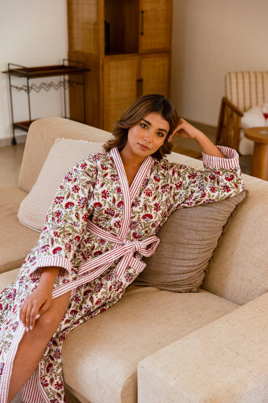 LUXURY QUILTED COTTON ROBE - CRIMSON BLOOM