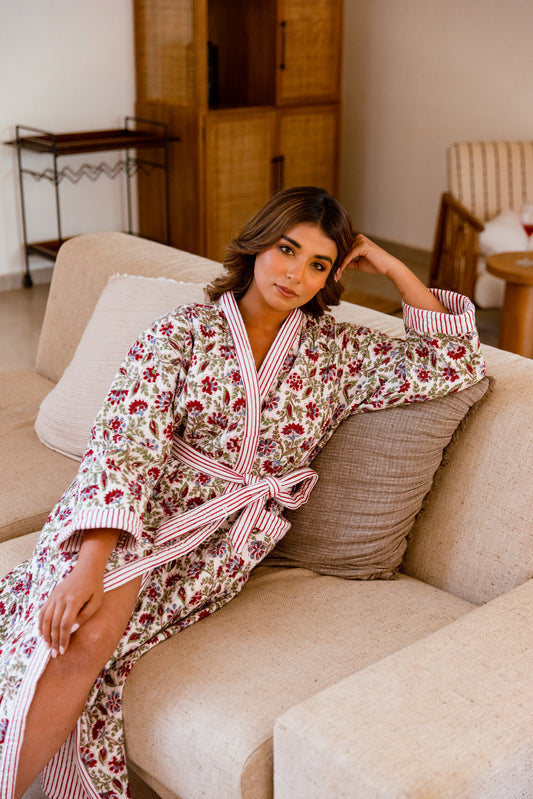 LUXURY QUILTED COTTON ROBE - CRIMSON BLOOM