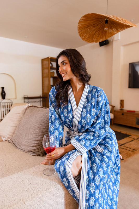 LUXURY QUILTED COTTON ROBE - INDIGO FLORA