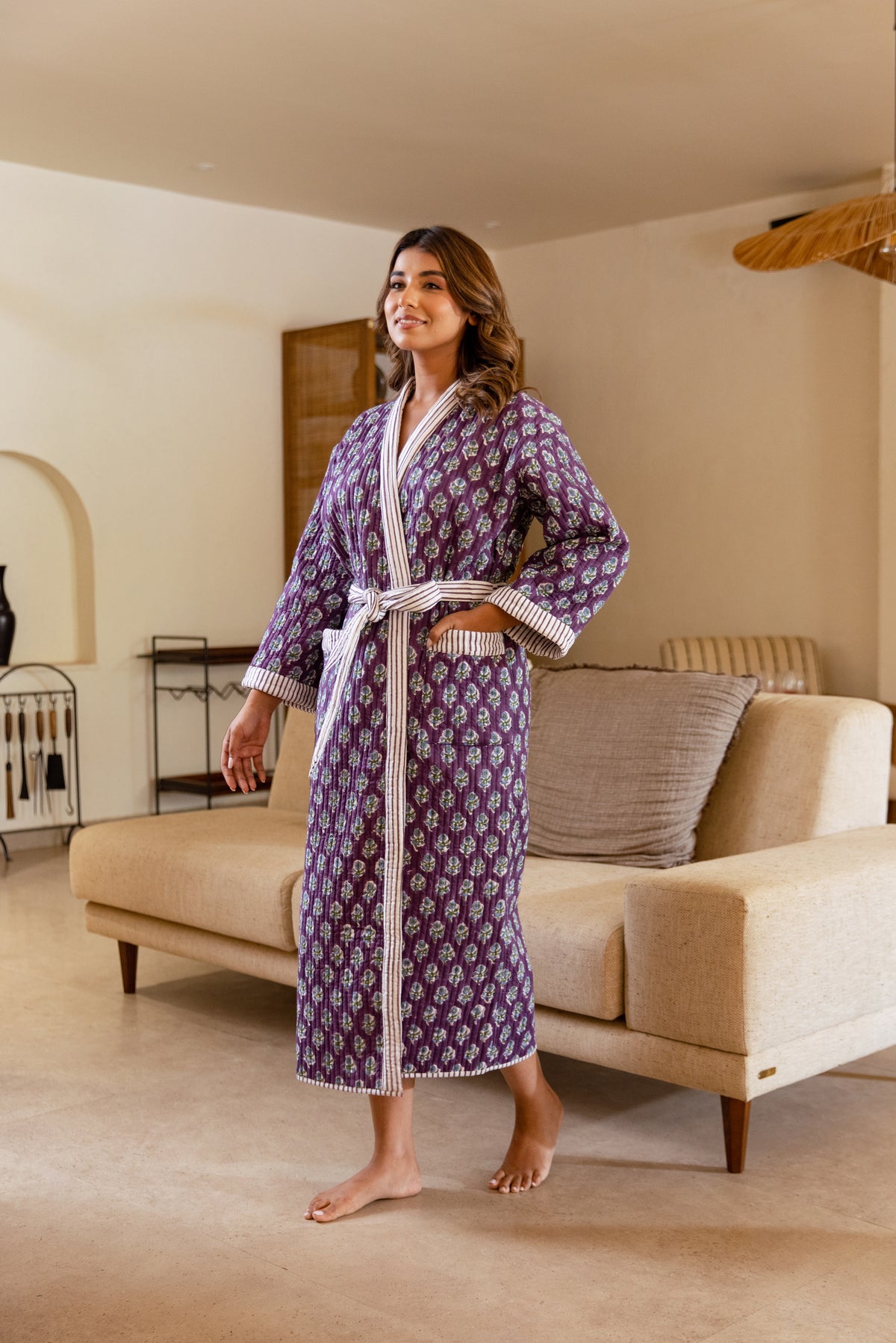 LUXURY QUILTED COTTON ROBE - DAMSON BERRY