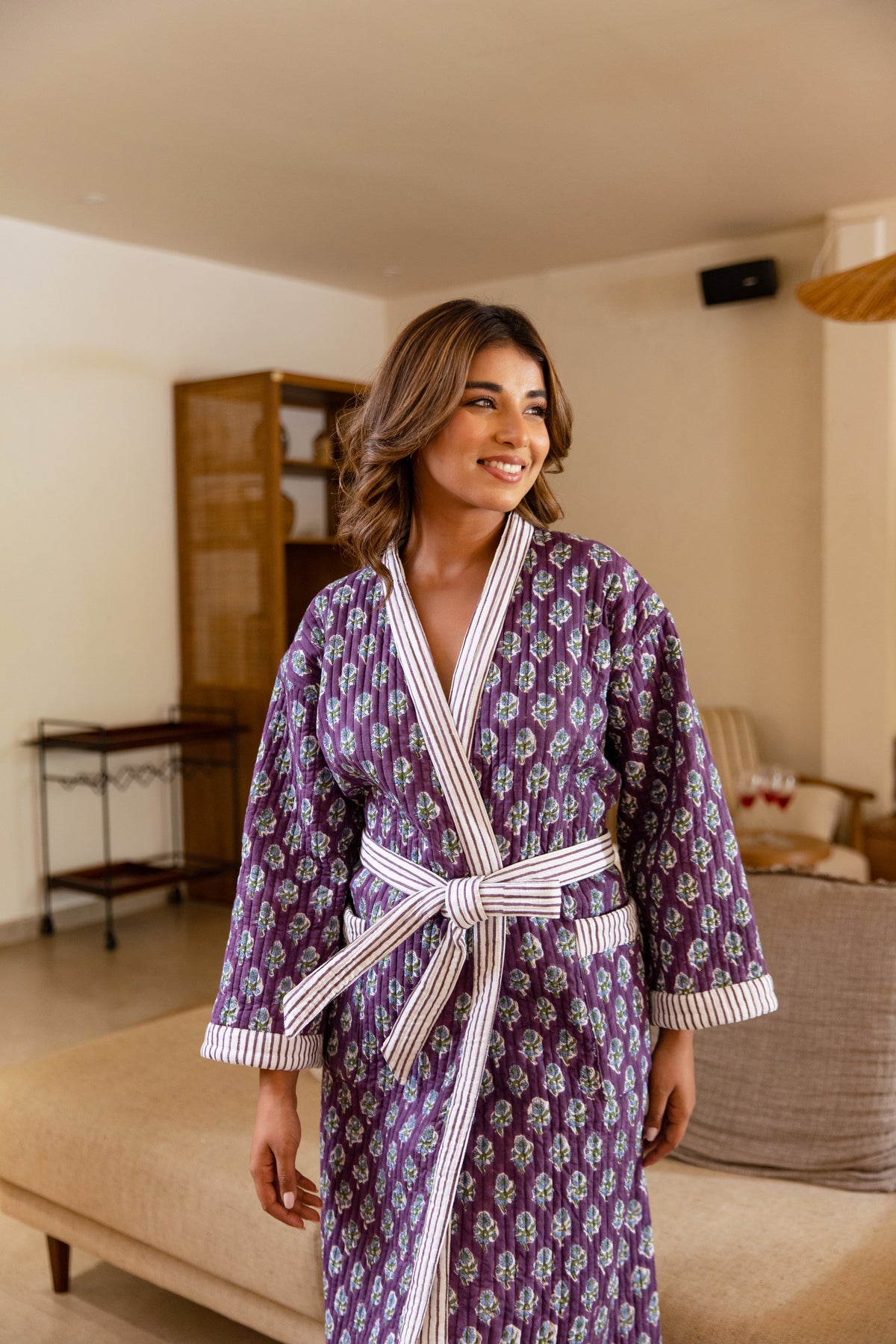 LUXURY QUILTED COTTON ROBE - DAMSON BERRY