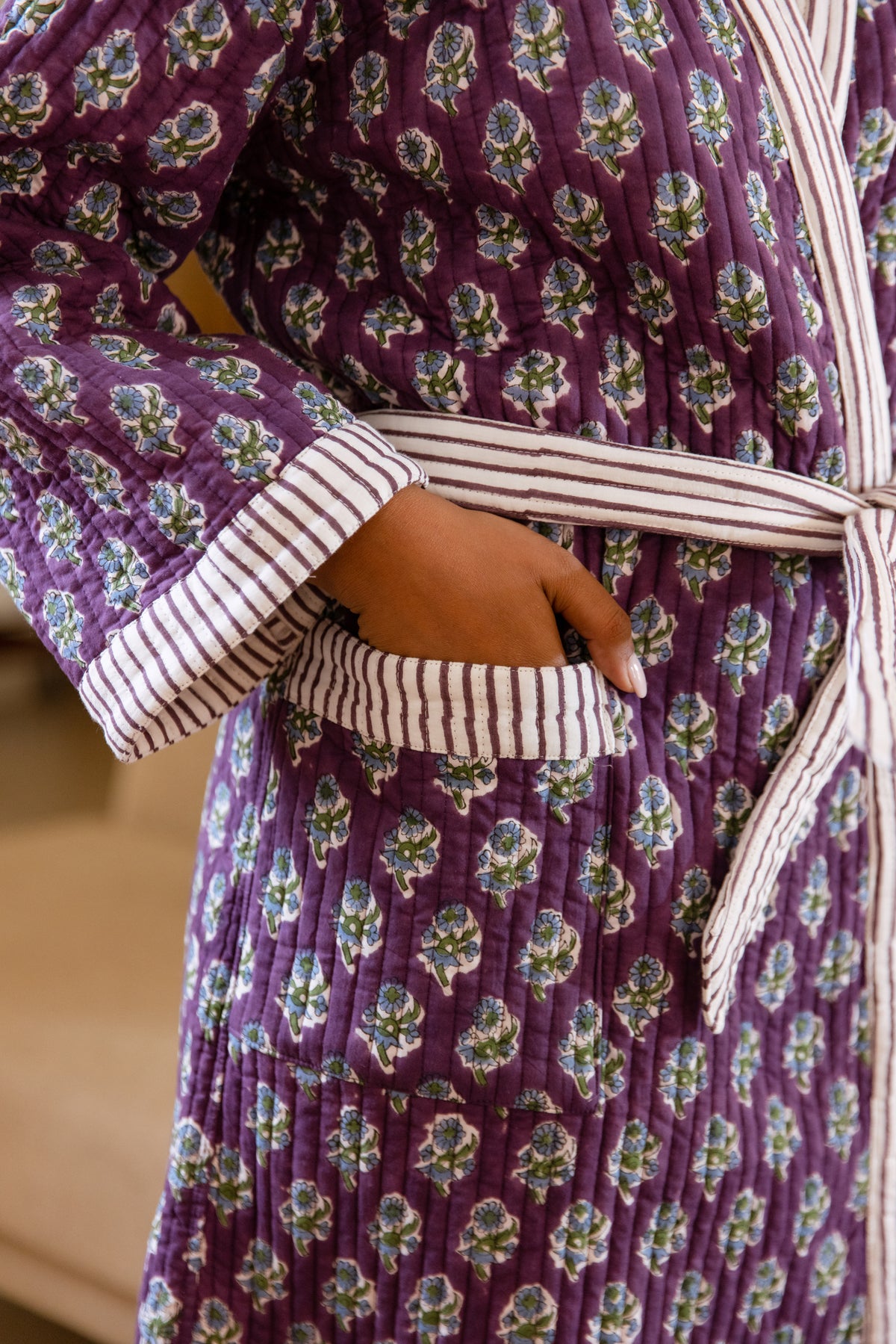 LUXURY QUILTED COTTON ROBE - DAMSON BERRY