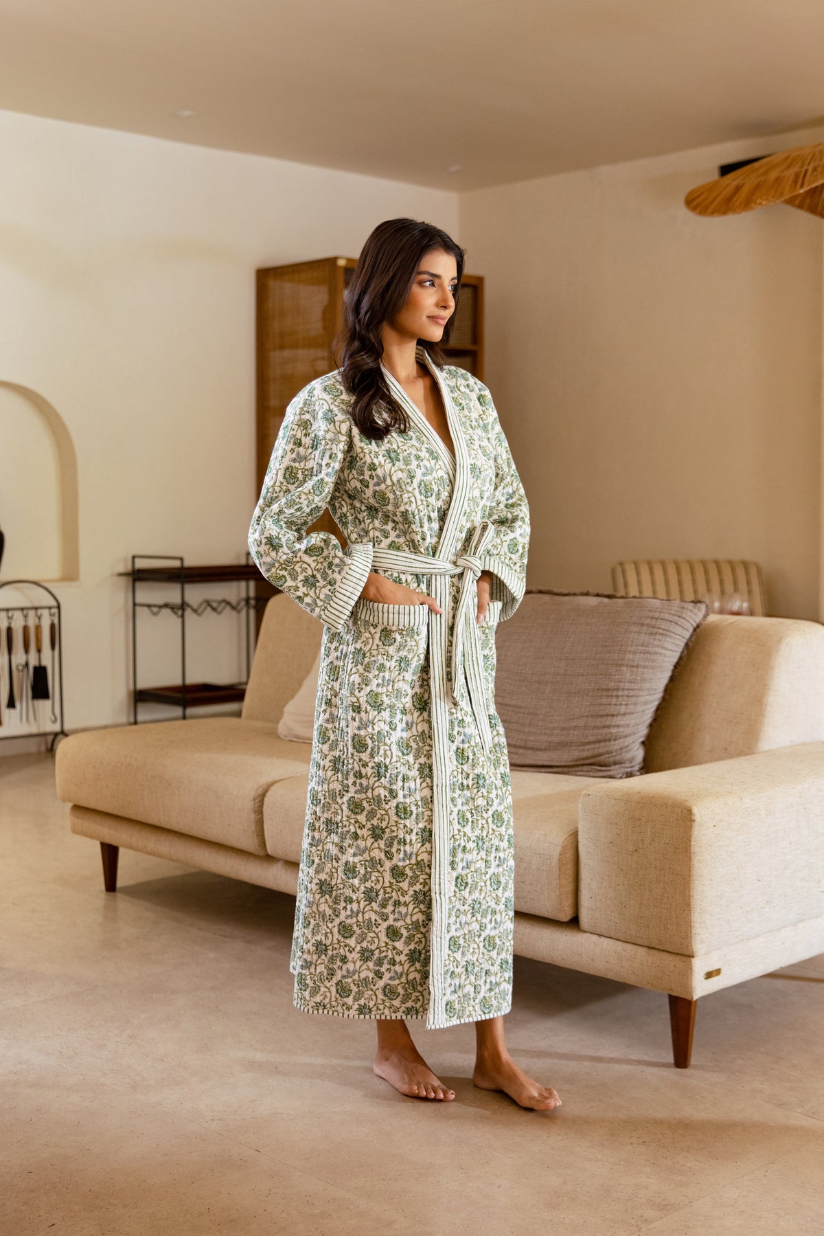 LUXURY QUILTED COTTON ROBE - BOTANICAL VINE