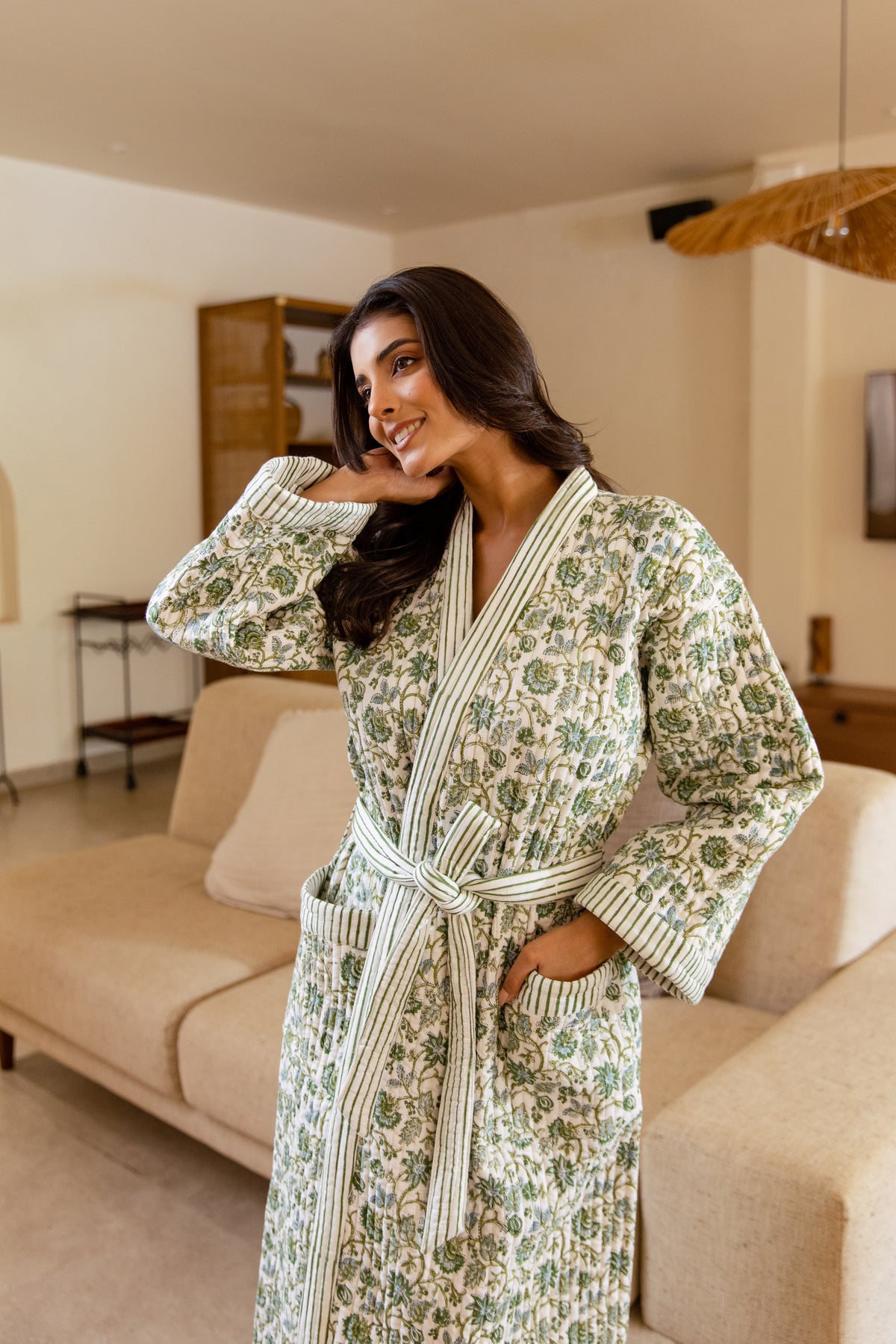 LUXURY QUILTED COTTON ROBE - BOTANICAL VINE