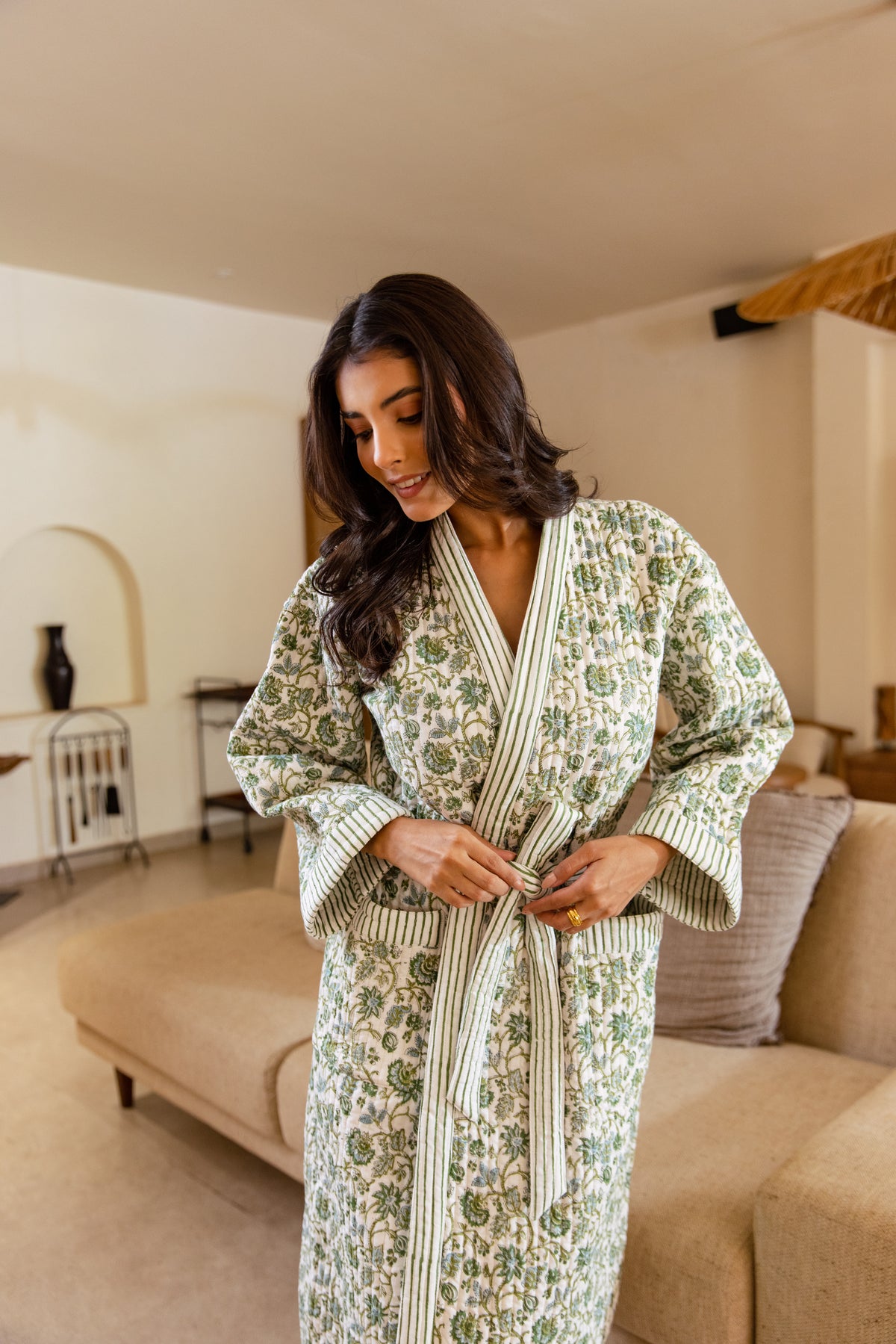 LUXURY QUILTED COTTON ROBE - BOTANICAL VINE