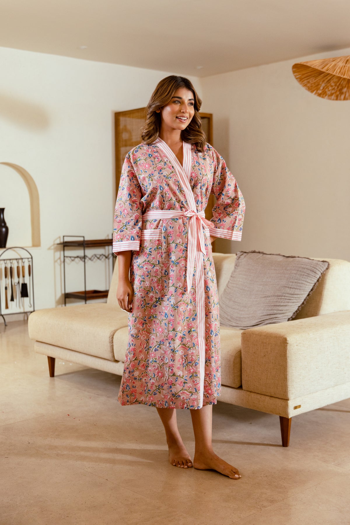LIGHT COTTON ROBE - DUSTY PINK FLORAL
