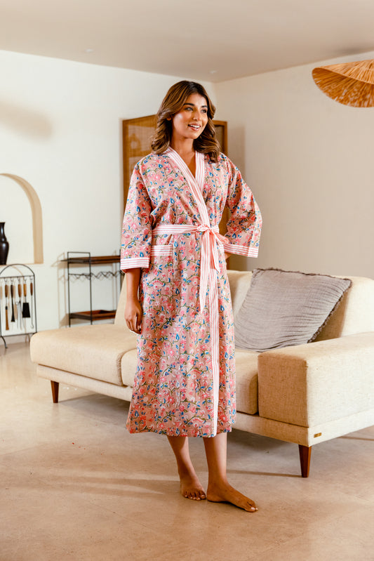 LIGHT COTTON ROBE - DUSTY PINK FLORAL